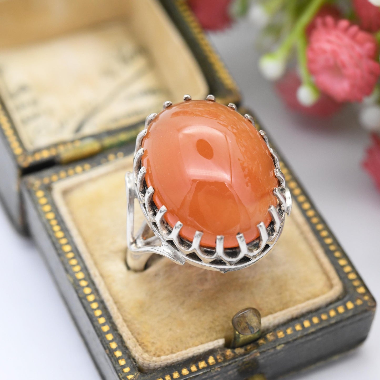 Vintage Sterling Silver Carnelian Ring - Cabochon Large Orange Gemstone Openwork Claw Mount Pretty Gift | UK Size - K | US Size - 5 1/4