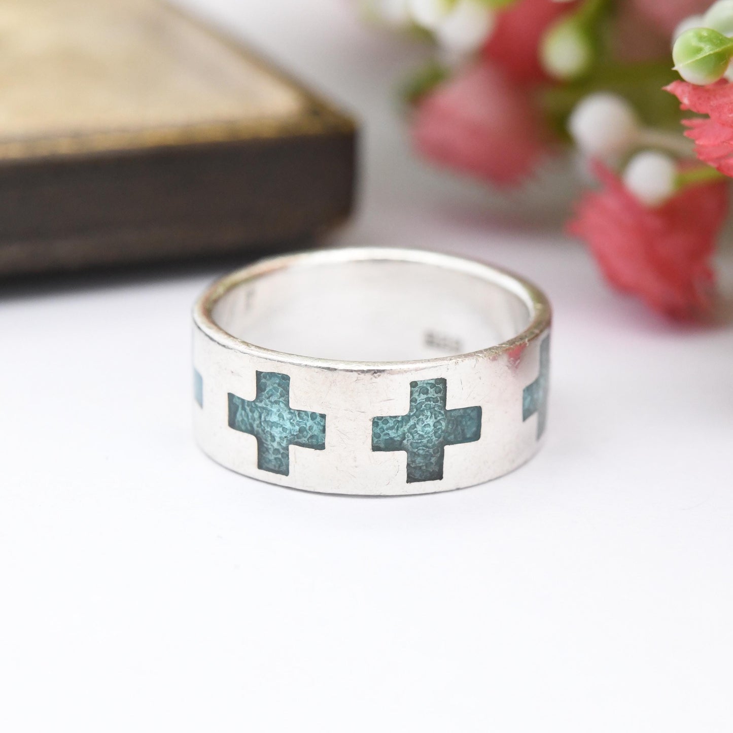 Vintage Sterling Silver Blue Enamel Greek Cross Band Ring - Eternity Style Equal Armed Cross Square | UK Size - L | US Size - 5 3/4