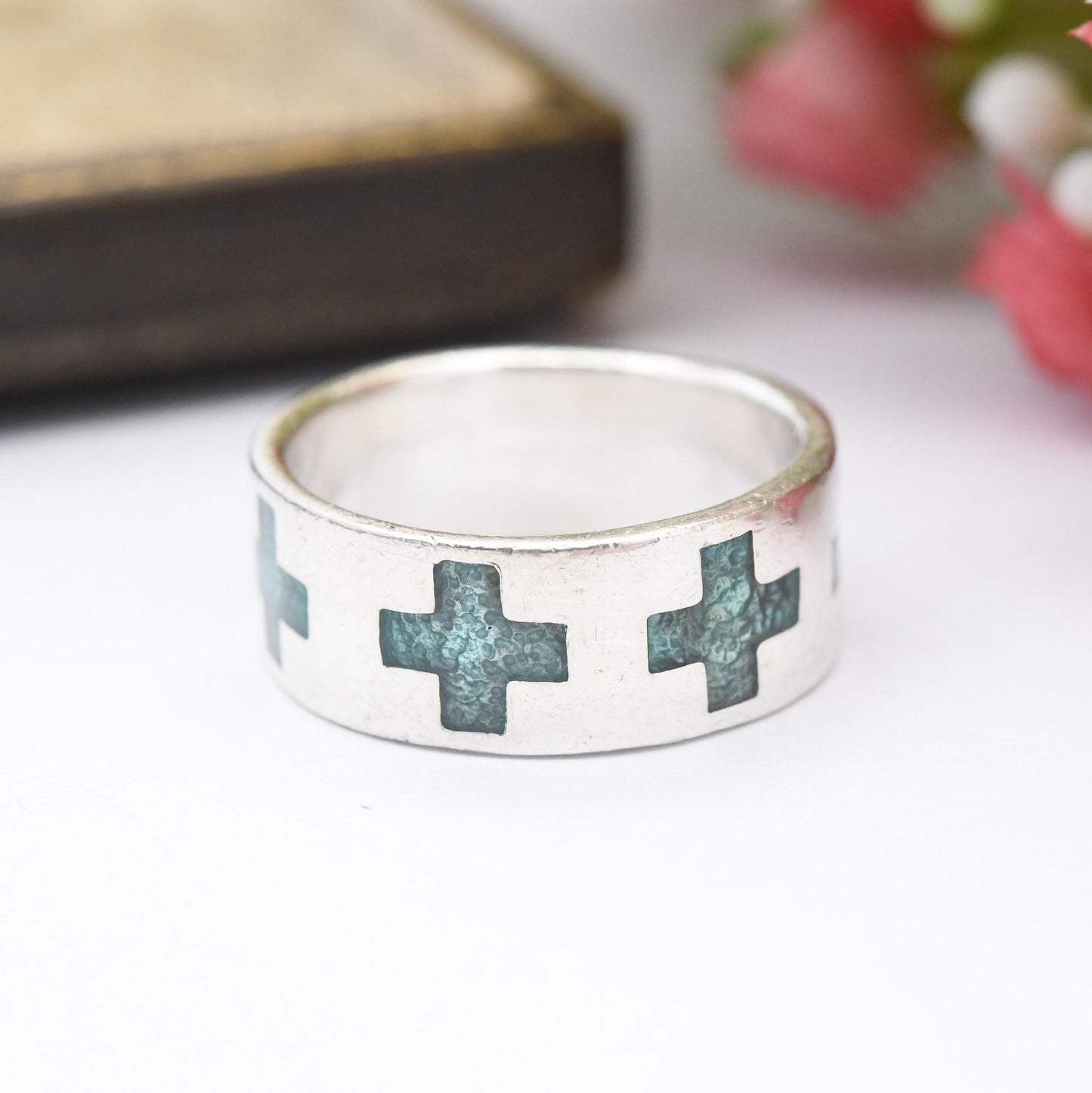 Vintage Sterling Silver Blue Enamel Greek Cross Band Ring - Eternity Style Equal Armed Cross Square | UK Size - L | US Size - 5 3/4