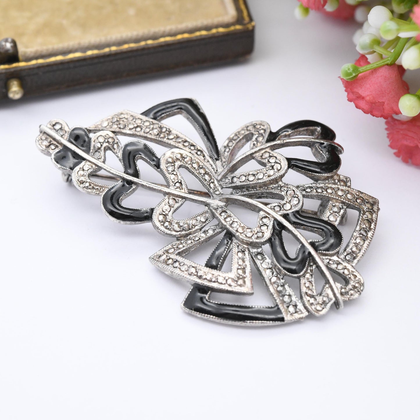 Vintage Kigu Marcasite and Black Enamel Brooch - Mid-Century Costume Jewellery | Large Statement Pin | Silver Tone | Gift for Mum