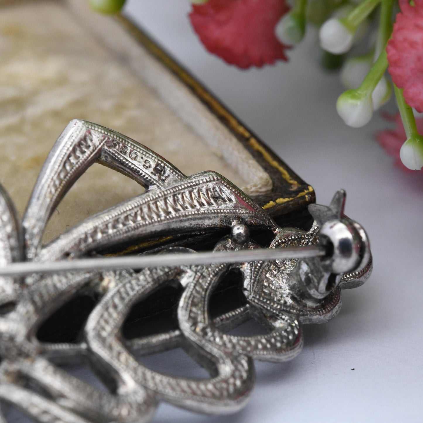 Vintage Kigu Marcasite and Black Enamel Brooch - Mid-Century Costume Jewellery | Large Statement Pin | Silver Tone | Gift for Mum
