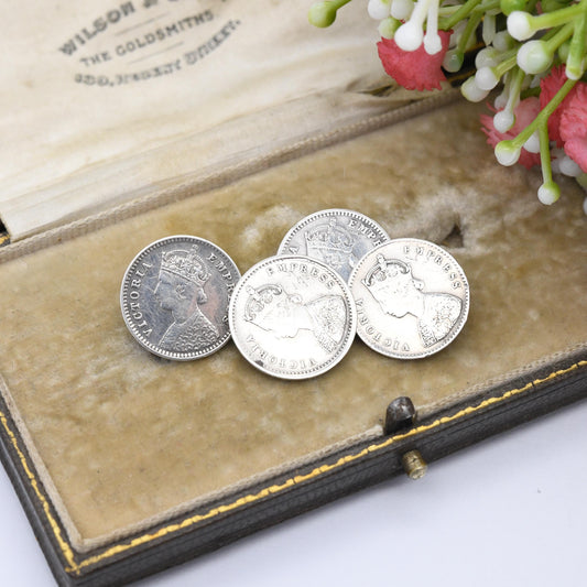 Antique Silver Victoria Coin Cufflinks with Crowned Head - 1880s Two Annas British India | Empress Victoria Collectable Gift