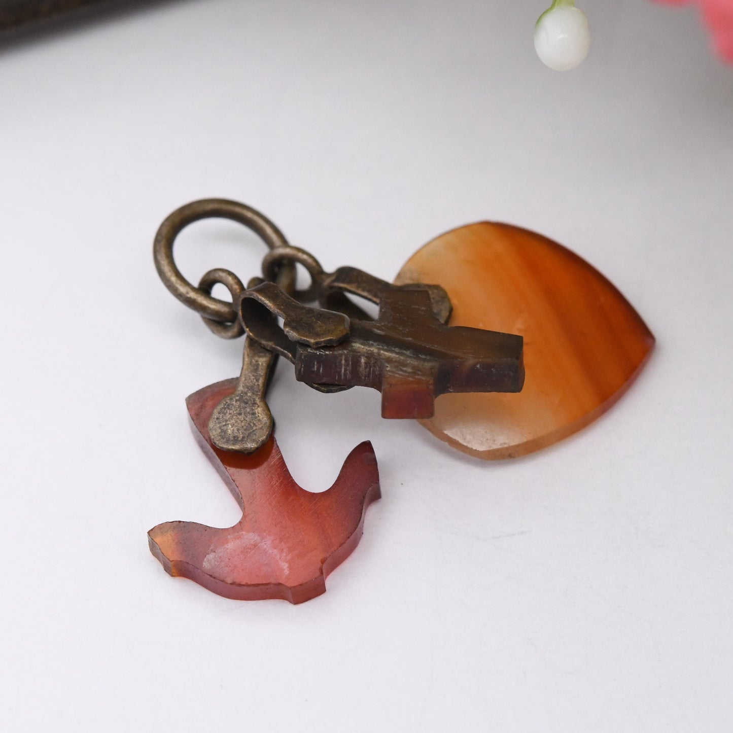 Antique Victorian Agate Faith Hope Charity Charm Pendant c.1880s - Heart Cross Anchor Charm for Necklace | Red Gemstone Fob Collection