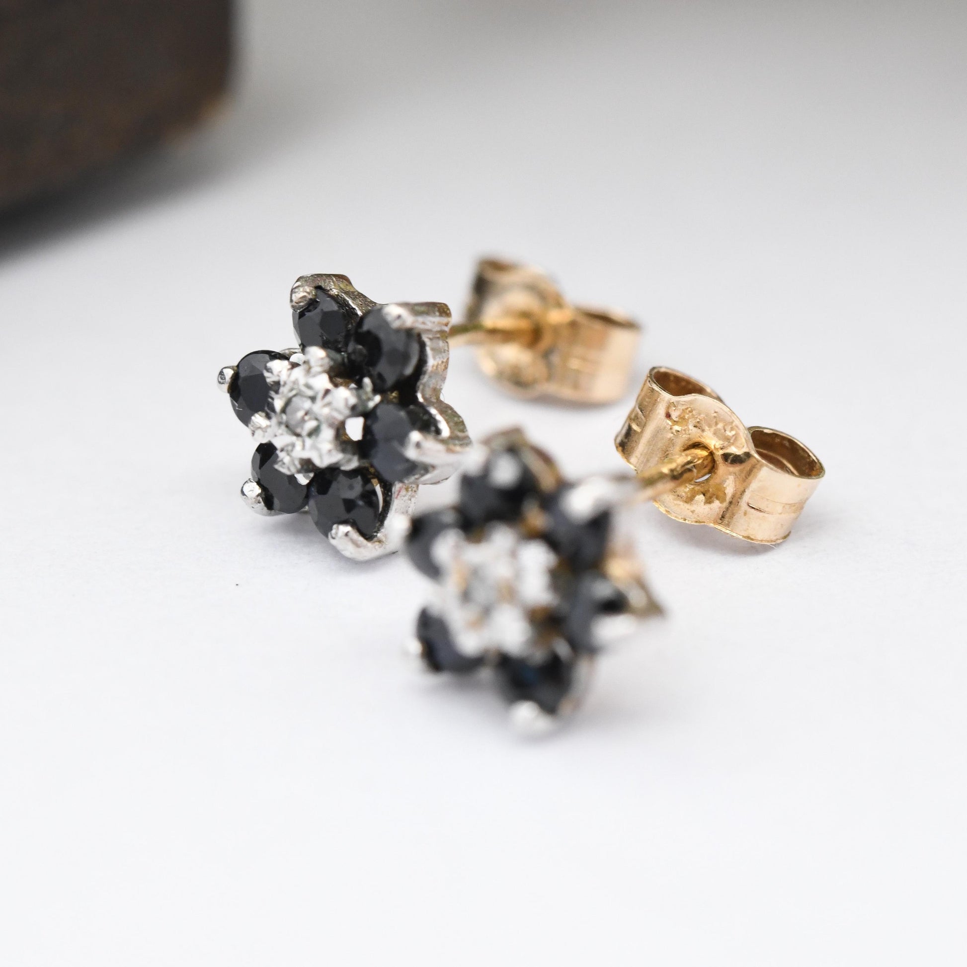 Vintage 9ct Gold Sapphire and Diamond Flower Stud Earrings by P&R Bushell - Floral Blue Gemstone Studs with Butterfly Backs