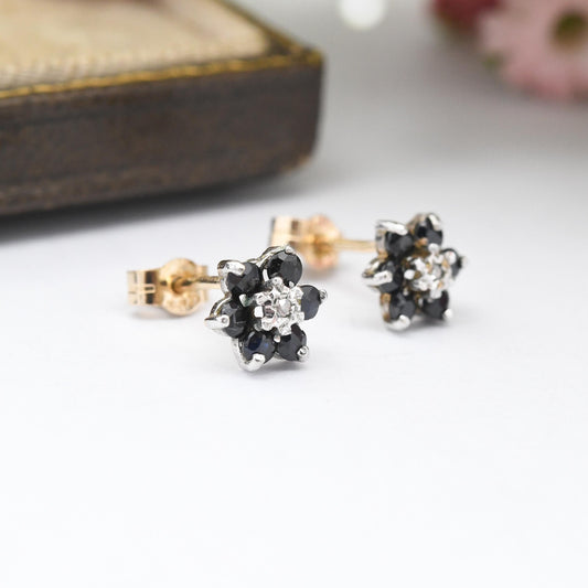 Vintage 9ct Gold Sapphire and Diamond Flower Stud Earrings by P&R Bushell - Floral Blue Gemstone Studs with Butterfly Backs