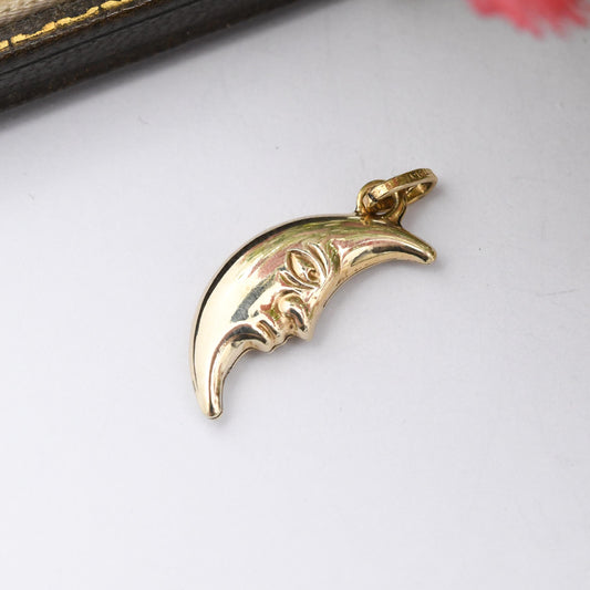 Vintage 9ct Gold Crescent Moon Pendant - Celestial Moon With Face Charm Pendant | Pretty Gift for Charm Necklace Stack | Double Sided 3D