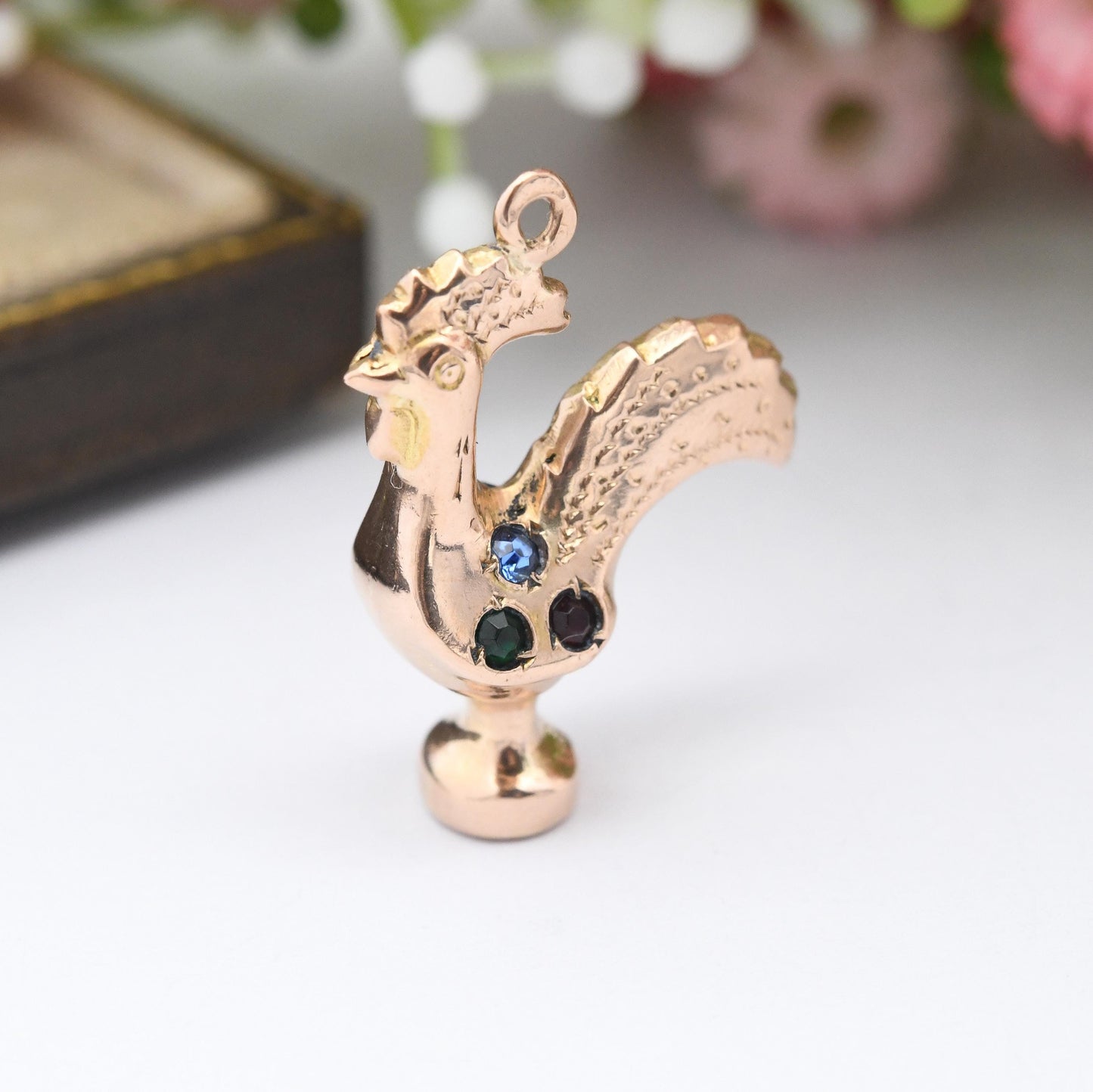 Vintage 19ct Gold Portuguese Chicken Charm Pendant with Colourful Stones - Portugal Souvenir Charm Bracelet Necklace Animal Jewellery Gift