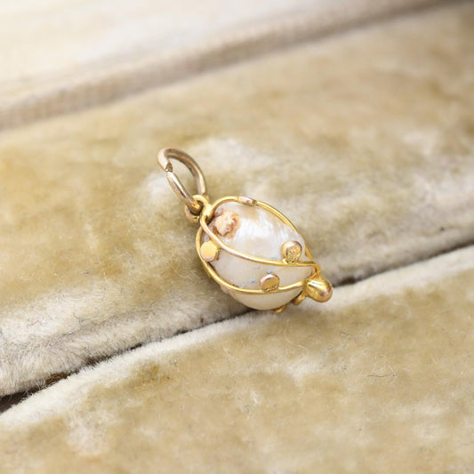 Vintage 9ct Gold Baroque Pearl Charm Pendant - Small Mid-Century Cage Set Wonky Pearl | Gift for Charm Collection