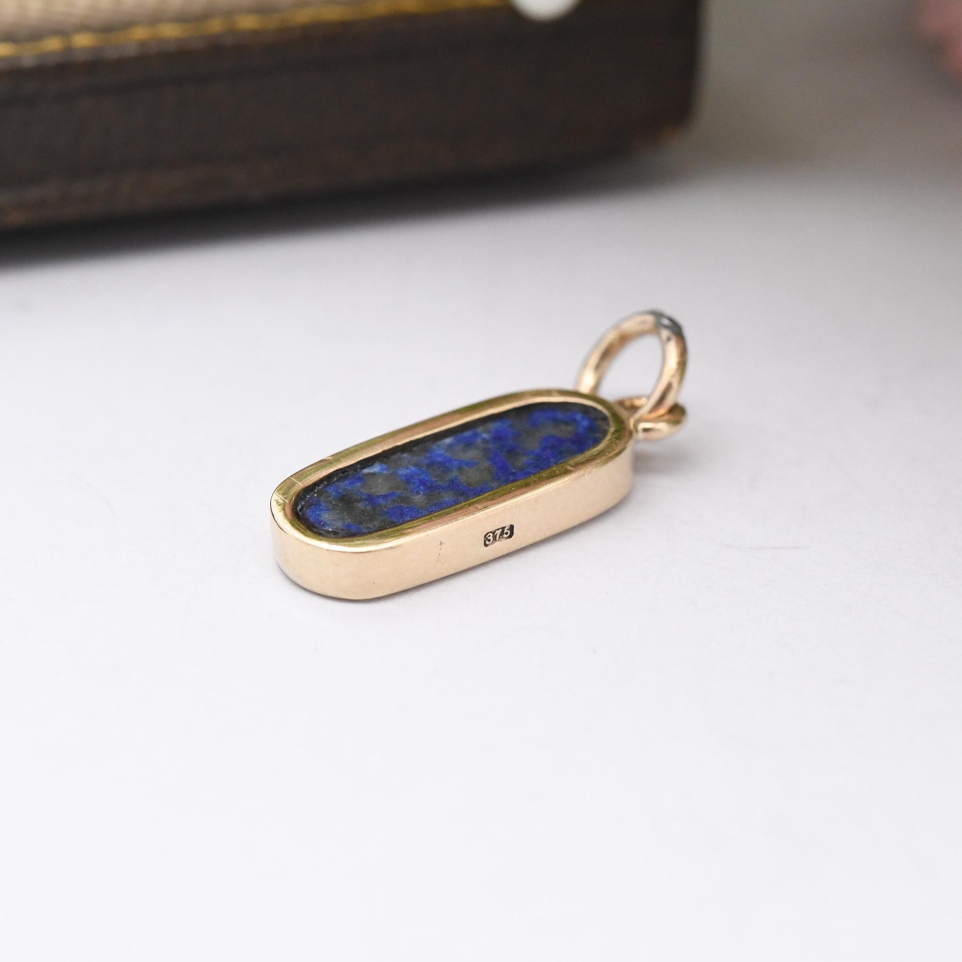 Vintage 9ct Gold Lapis Lazuli Pendant - Small Gold Charm for Necklace Stack Solid Gold Mottled Blue Gemstone Jewellery Gift for Her Oval