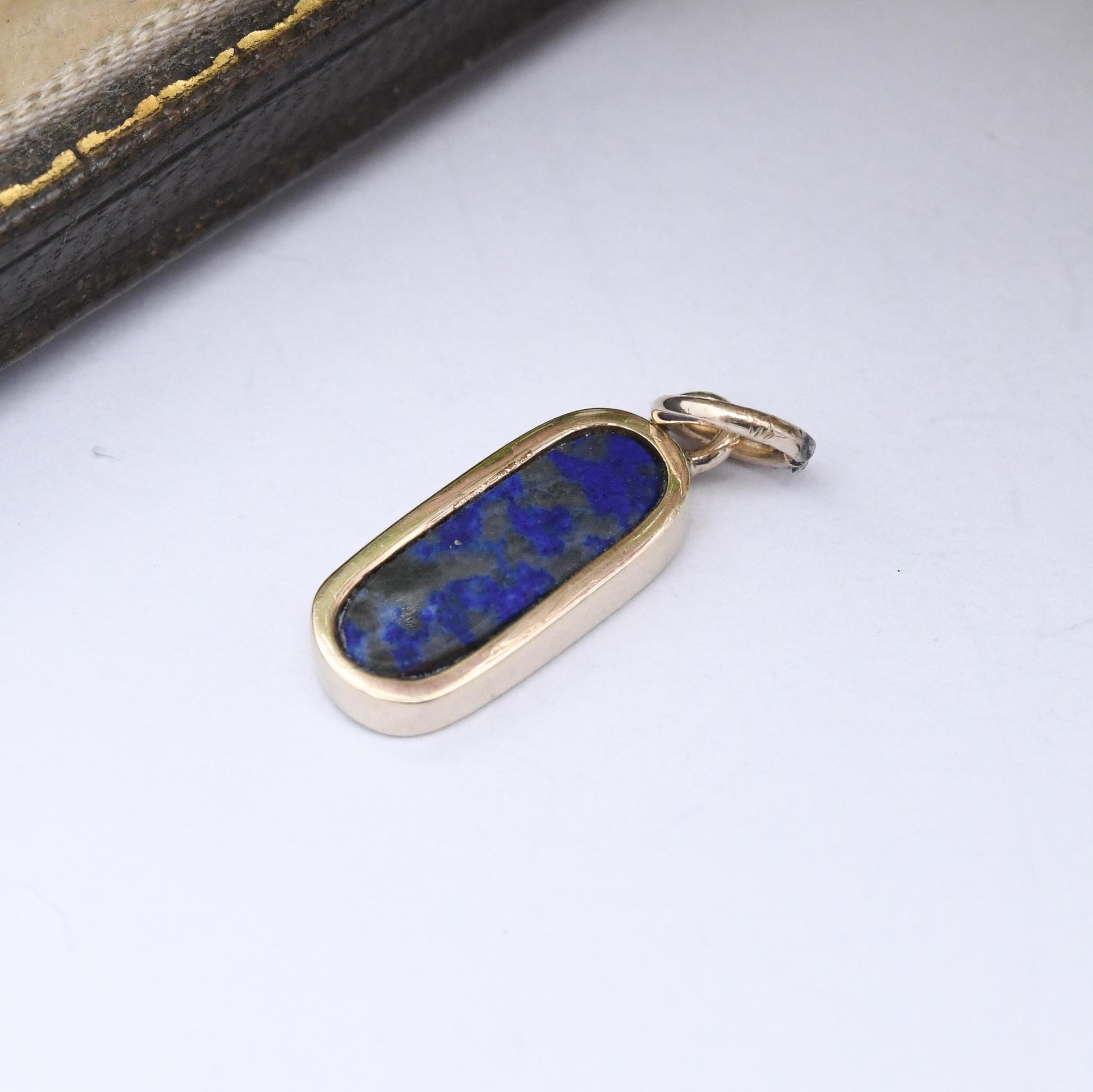 Vintage 9ct Gold Lapis Lazuli Pendant - Small Gold Charm for Necklace Stack Solid Gold Mottled Blue Gemstone Jewellery Gift for Her Oval