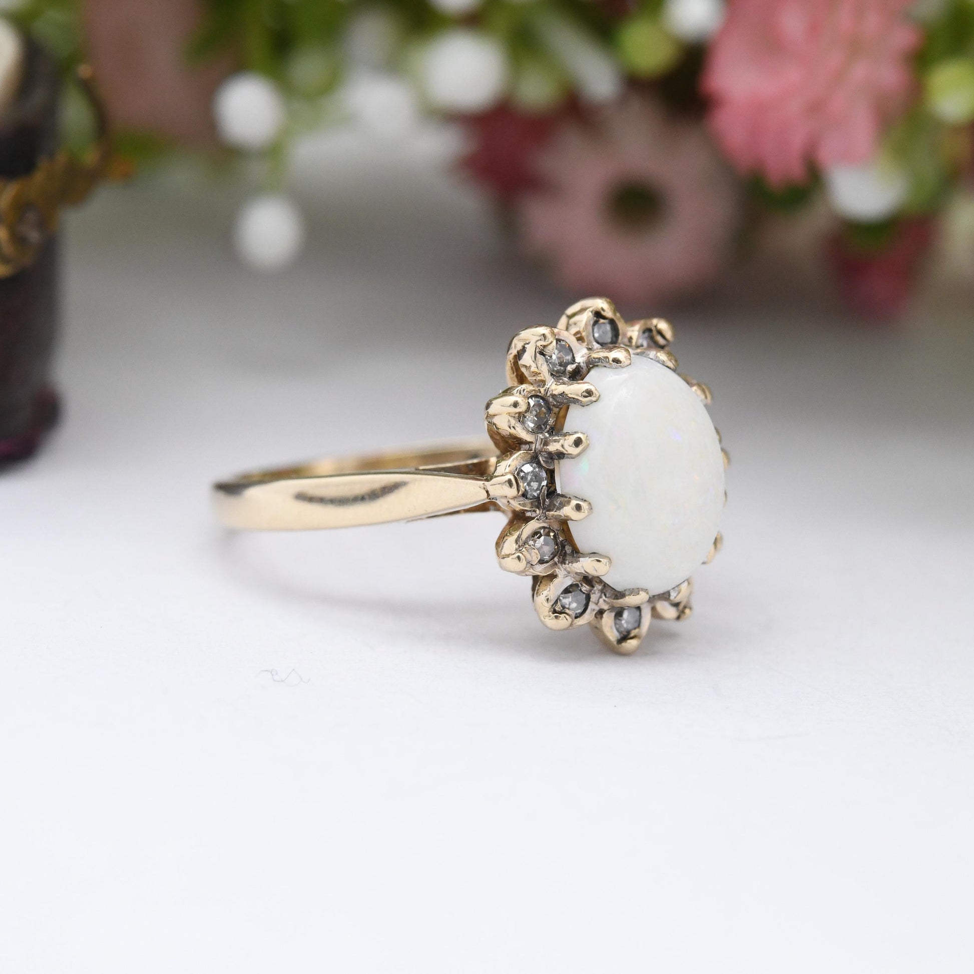 Vintage 9ct Gold Opal and Diamond Halo Ring 1986 - Pretty Mid-Century Floral Ring White Gold Front Gemstones | UK Size - J | US Size - 4 3/4