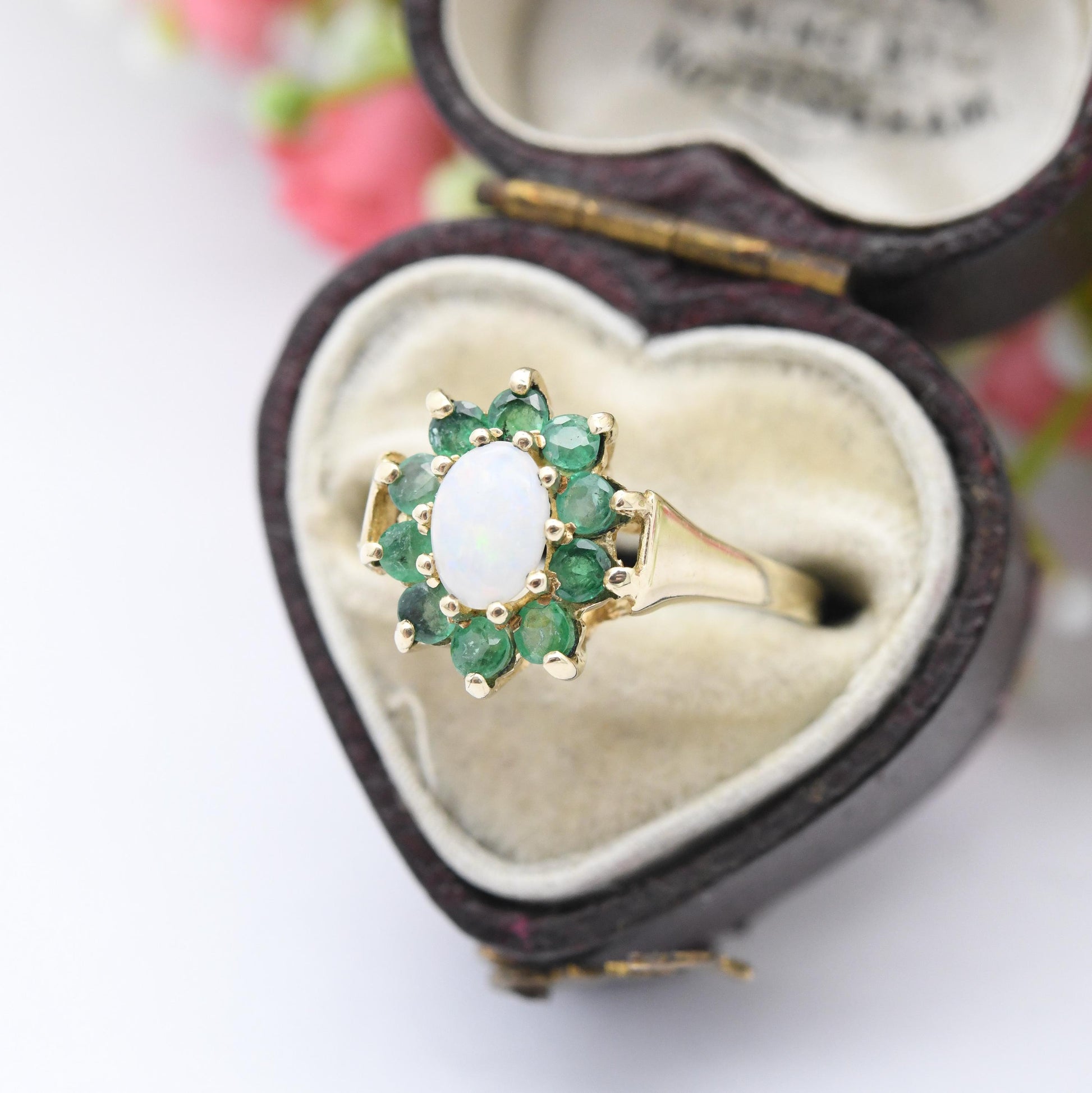 Vintage 9ct Gold Opal and Emerald Flower Halo Ring 1989 - Mid-Century Edwardian Style | White Green Gemstone | UK Size - L 1/2 | US Size - 6