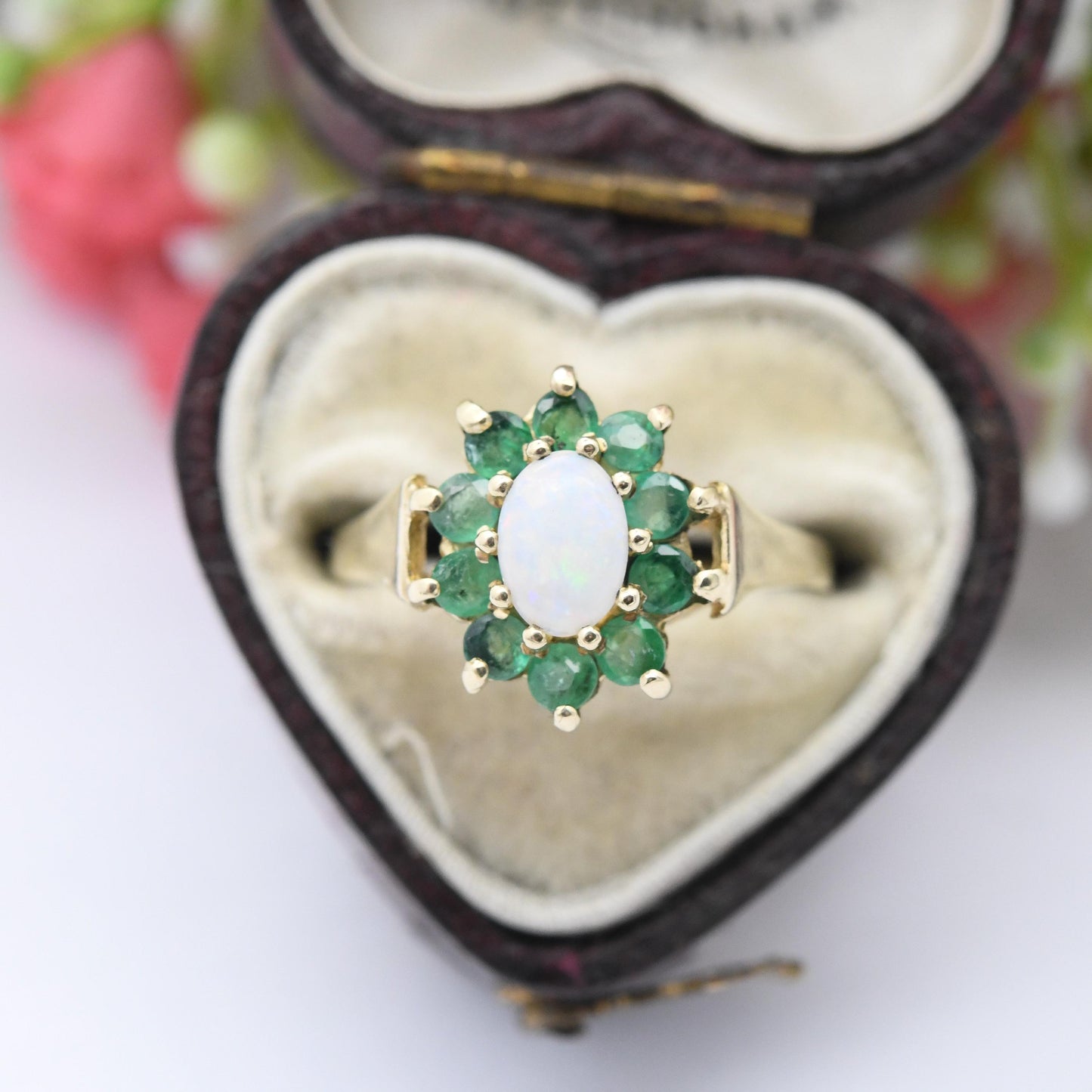 Vintage 9ct Gold Opal and Emerald Flower Halo Ring 1989 - Mid-Century Edwardian Style | White Green Gemstone | UK Size - L 1/2 | US Size - 6