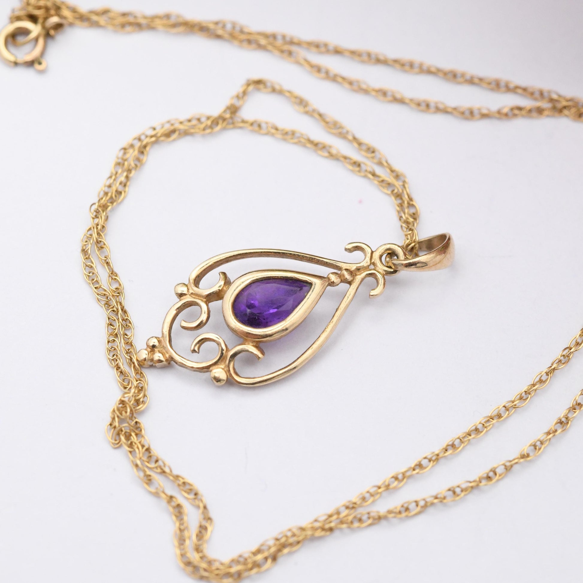 Vintage 9ct Gold Amethyst Pendant Necklace - Purple Teardrop Pretty Ornate Solid Gold Jewellery Gift for Her | Prince of Wales Trace Chain