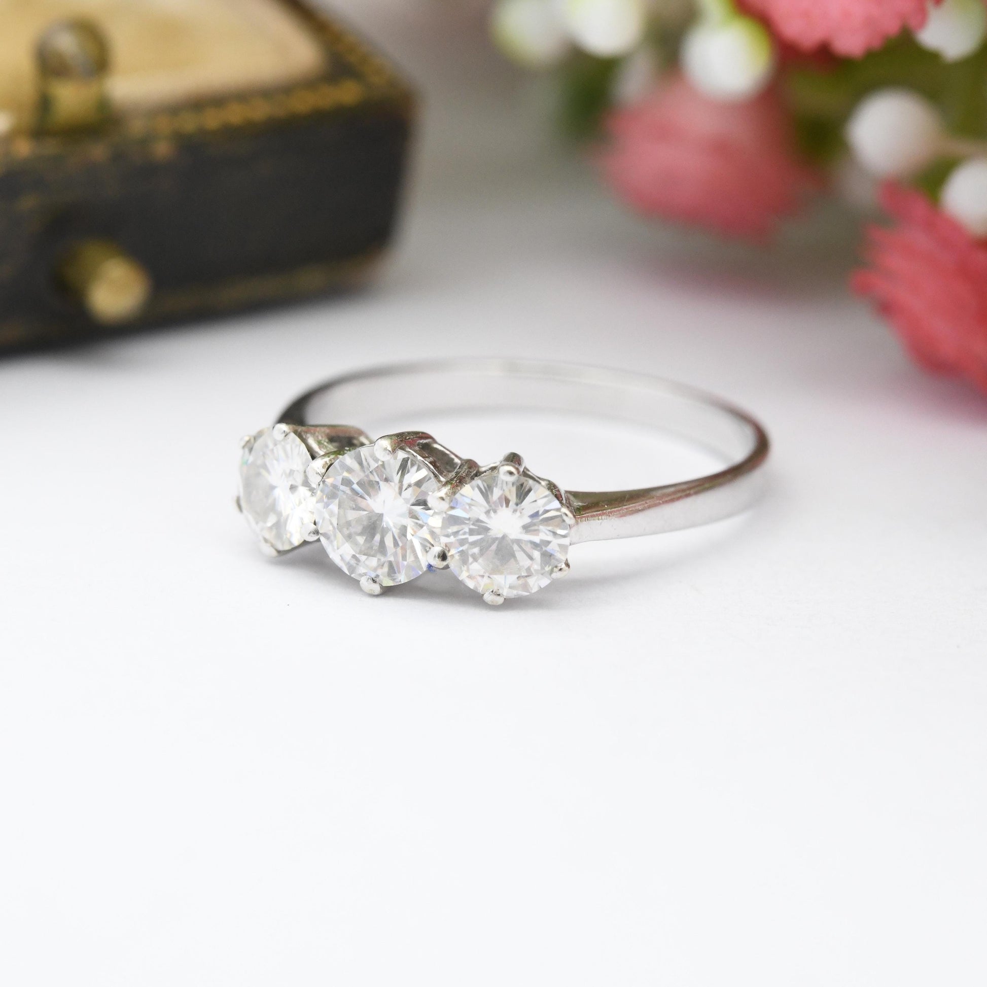 Vintage 9ct White Gold CZ Three Stone Ring - Large Round Trilogy Ring Solid Gold JEwellery Gift for Her | UK Size - N | US Size - 6 3/4
