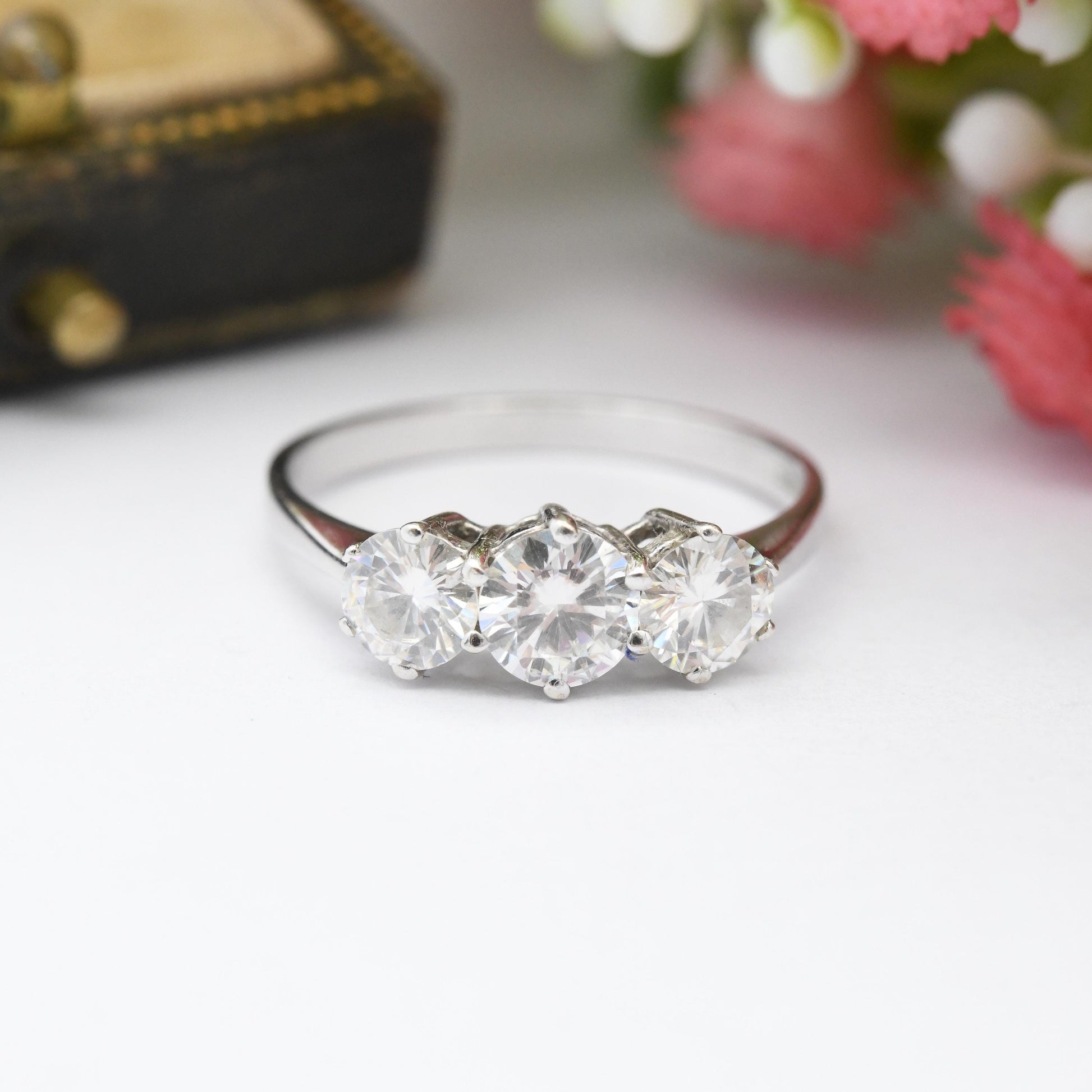 Vintage 9ct White Gold CZ Three Stone Ring - Large Round Trilogy Ring Solid Gold JEwellery Gift for Her | UK Size - N | US Size - 6 3/4