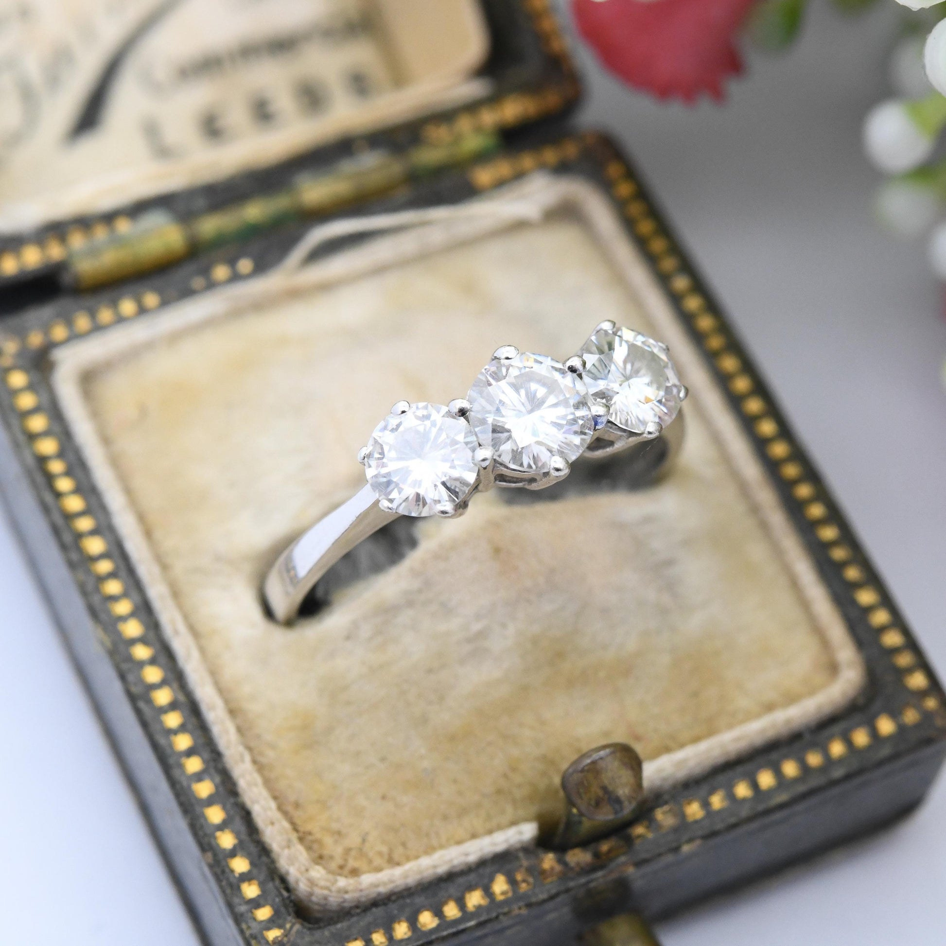 Vintage 9ct White Gold CZ Three Stone Ring - Large Round Trilogy Ring Solid Gold JEwellery Gift for Her | UK Size - N | US Size - 6 3/4