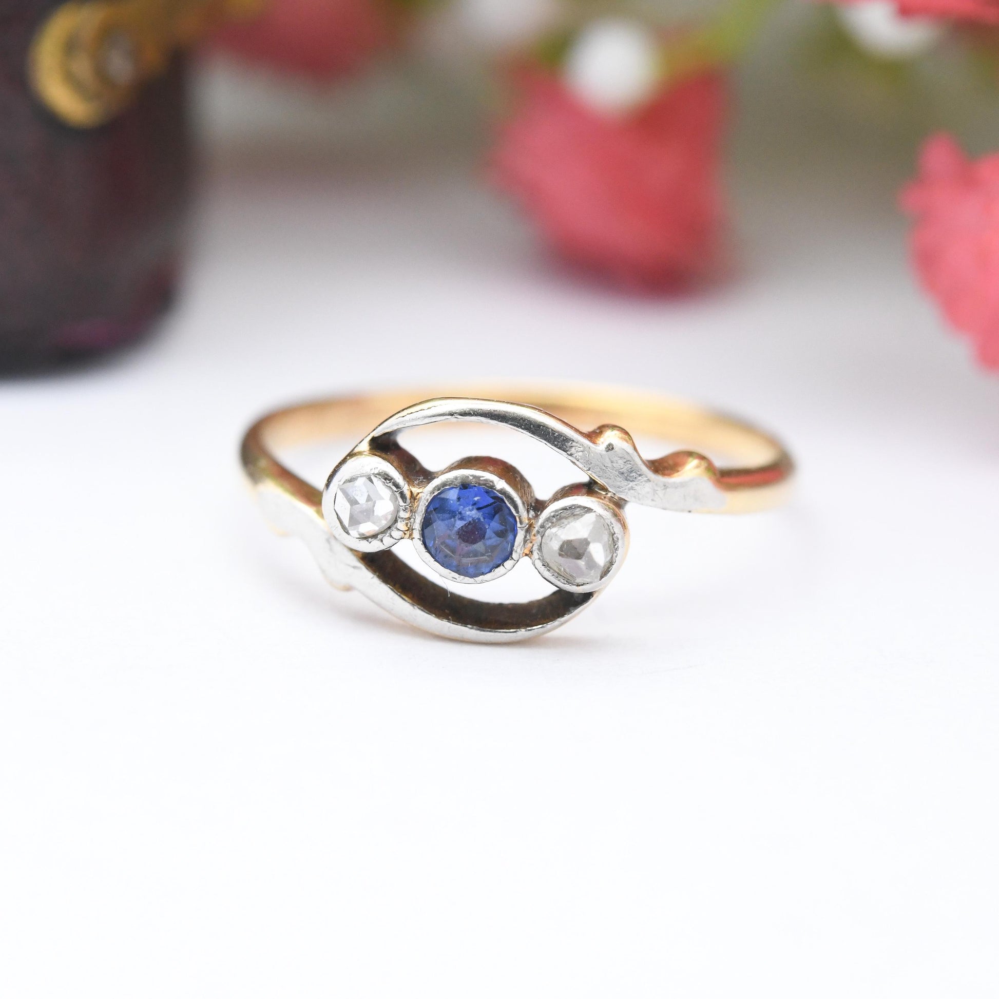 Antique 18ct Gold Diamond and Sapphire Three Stone Crossover Ring - Edwardian Trilogy | Rose Cut Diamonds | UK Size - L 1/2 | US Size - 6