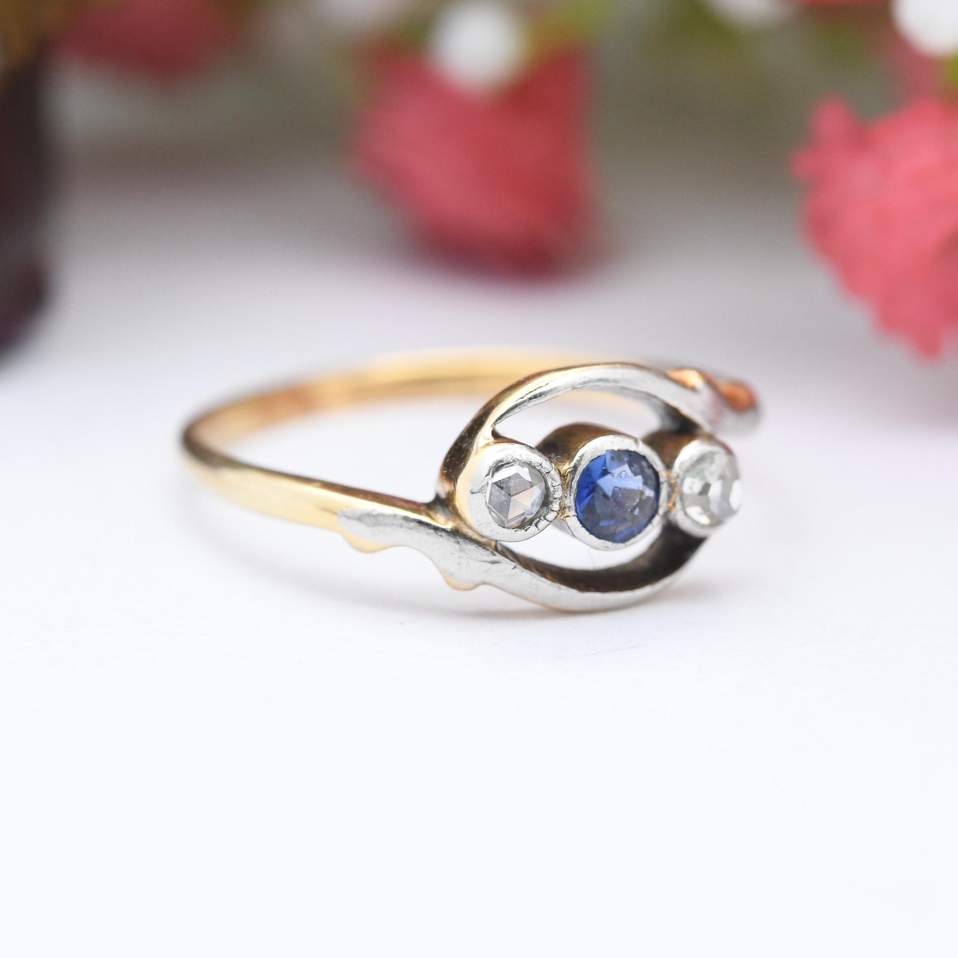 Antique 18ct Gold Diamond and Sapphire Three Stone Crossover Ring - Edwardian Trilogy | Rose Cut Diamonds | UK Size - L 1/2 | US Size - 6