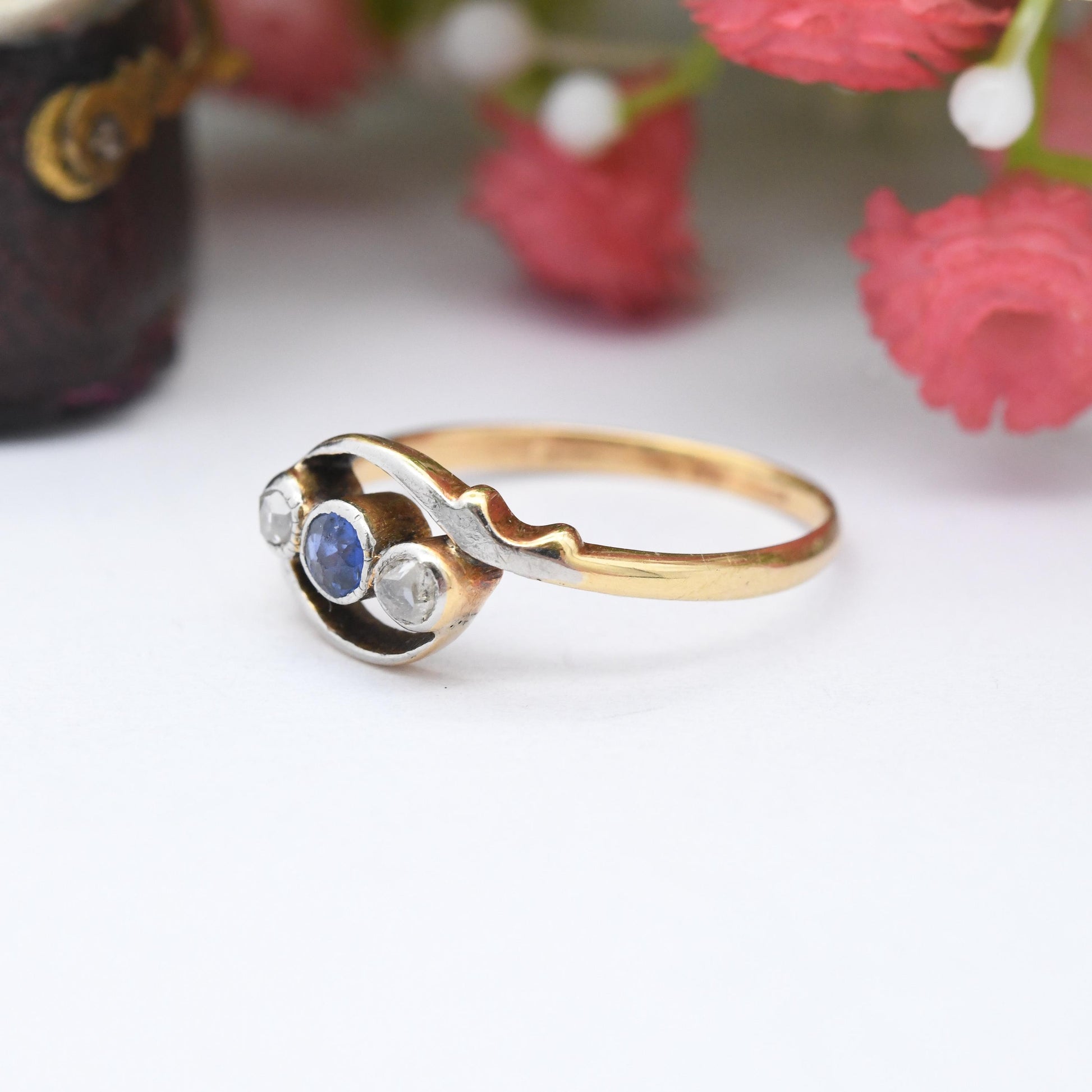 Antique 18ct Gold Diamond and Sapphire Three Stone Crossover Ring - Edwardian Trilogy | Rose Cut Diamonds | UK Size - L 1/2 | US Size - 6