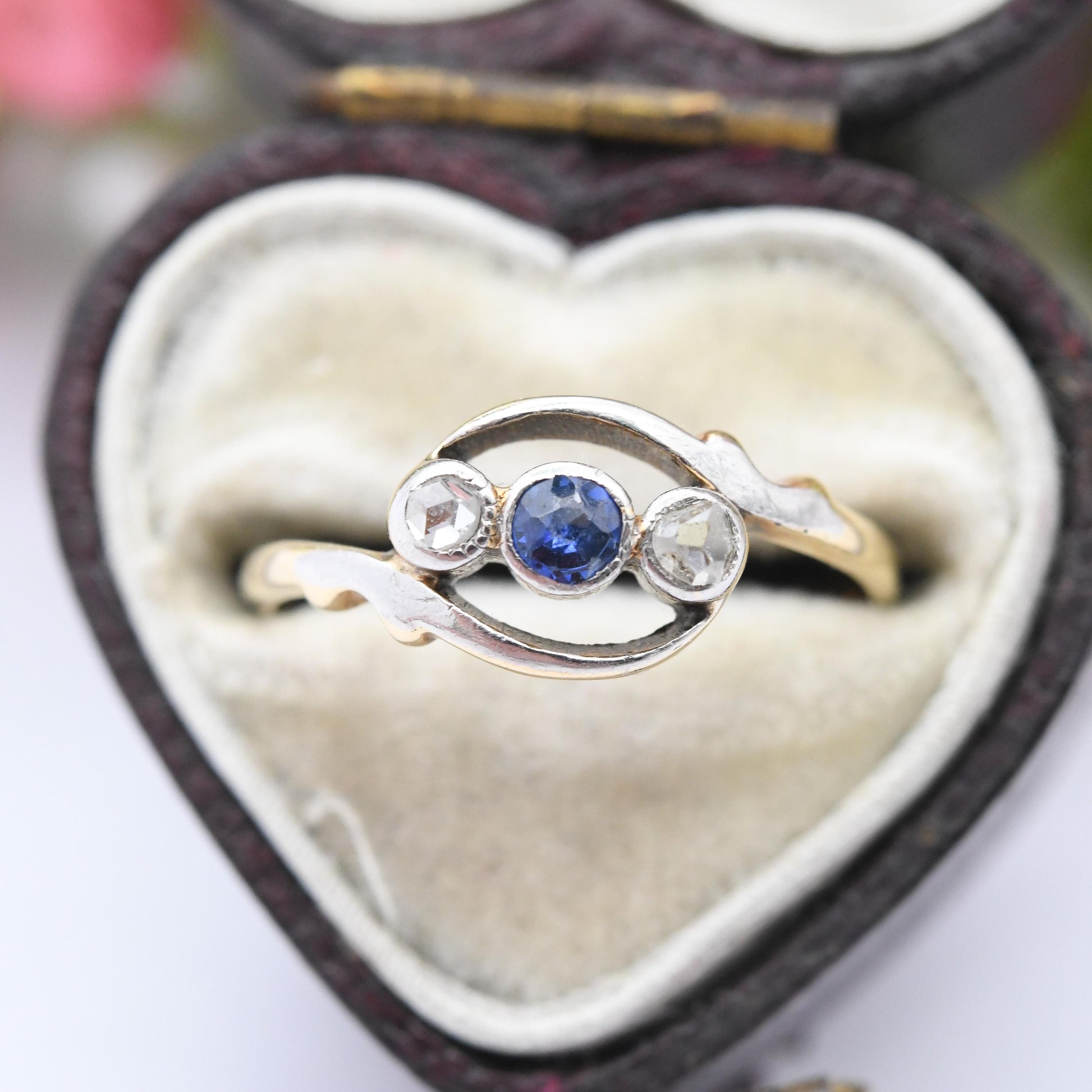 Antique 18ct Gold Diamond and Sapphire Three Stone Crossover Ring - Edwardian Trilogy | Rose Cut Diamonds | UK Size - L 1/2 | US Size - 6
