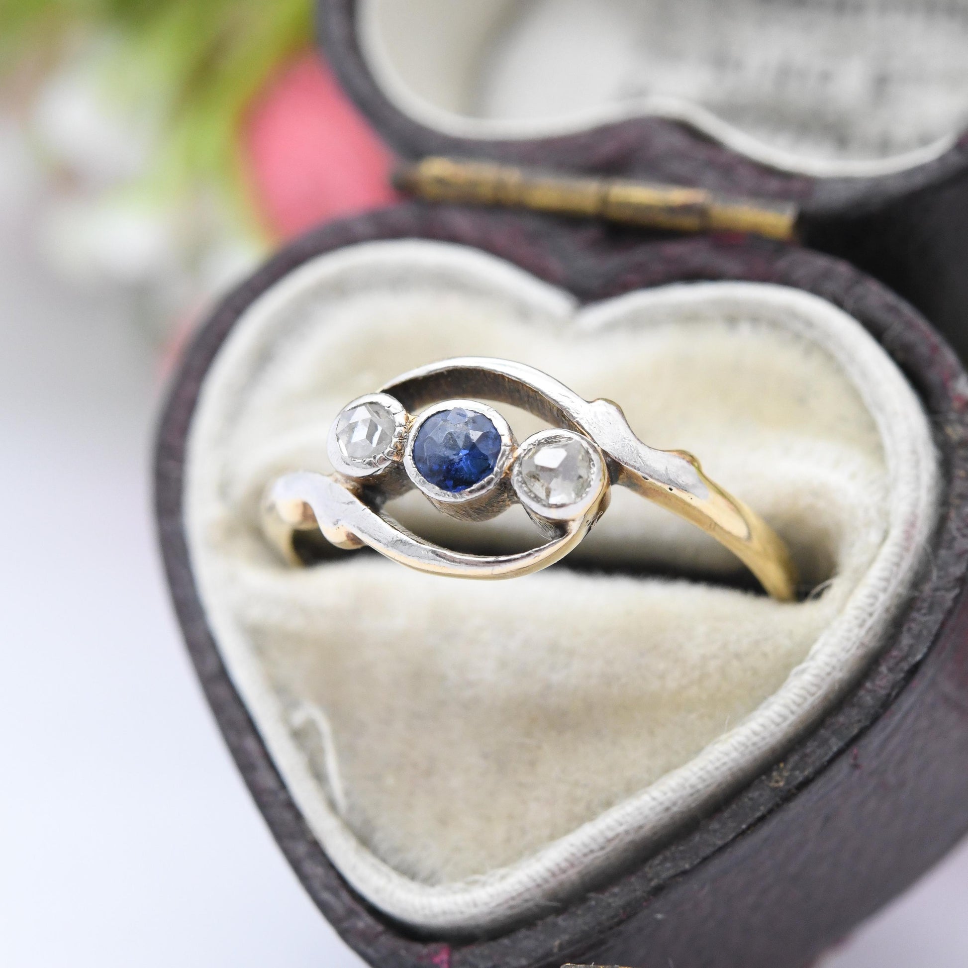 Antique 18ct Gold Diamond and Sapphire Three Stone Crossover Ring - Edwardian Trilogy | Rose Cut Diamonds | UK Size - L 1/2 | US Size - 6