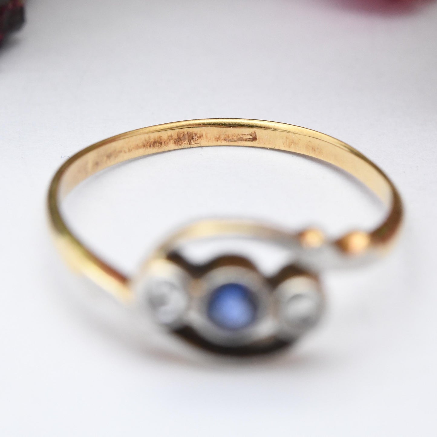 Antique 18ct Gold Diamond and Sapphire Three Stone Crossover Ring - Edwardian Trilogy | Rose Cut Diamonds | UK Size - L 1/2 | US Size - 6