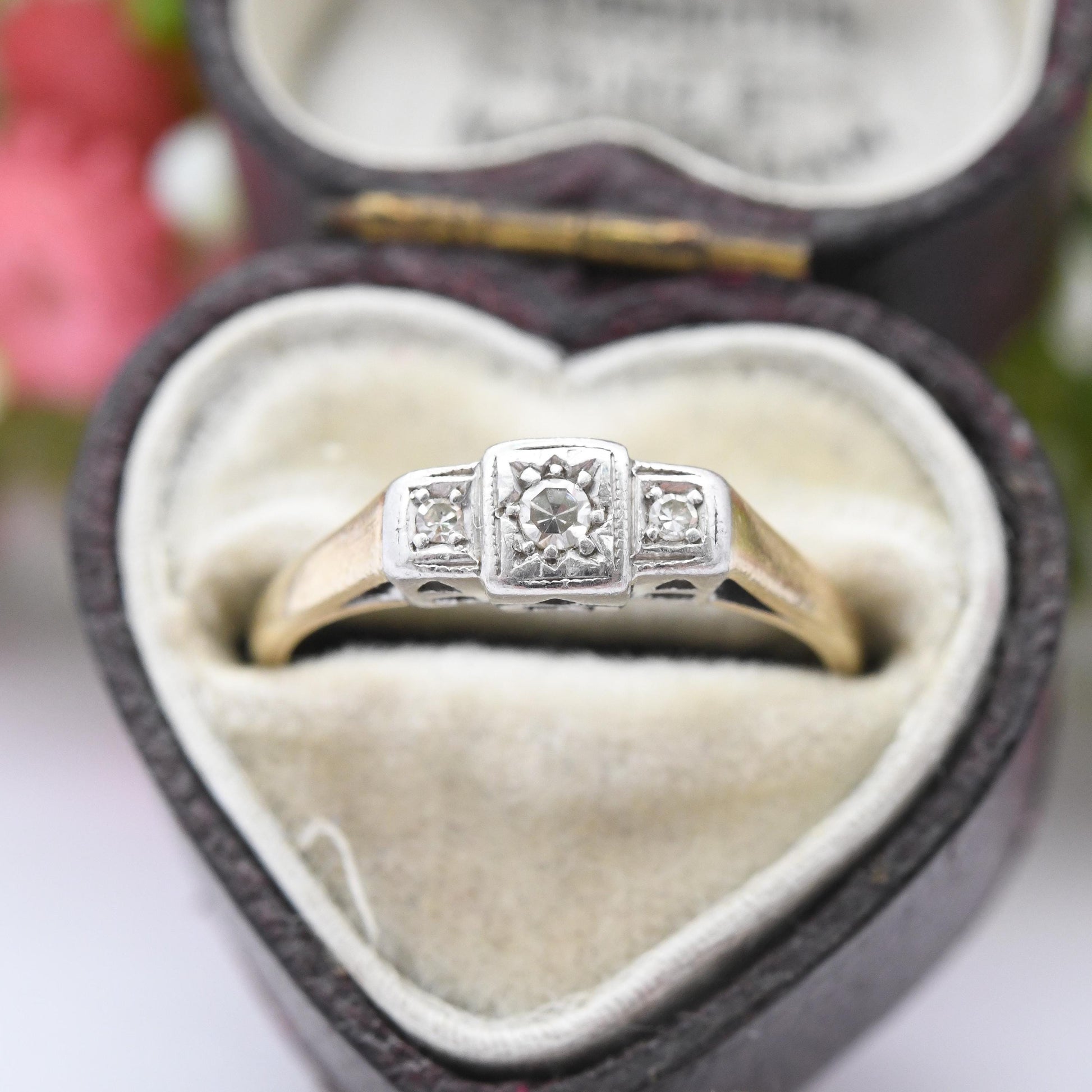 Vintage 9ct Gold and Platinum Three Stone Diamond Ring - Art Deco Era Trilogy 3 Stone Engagement Ring | UK Size - K | US Size - 5 1/4