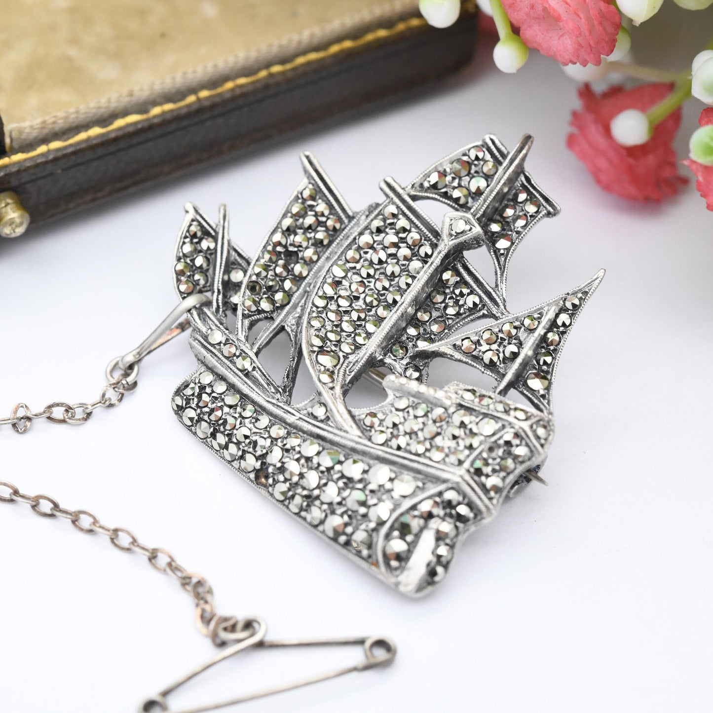 Vintage Sterling Silver Sailing Ship Brooch c.1950s - Figural Sailing Ship | Statement Sparkly Brooch | Unisex Jewellery Gift
