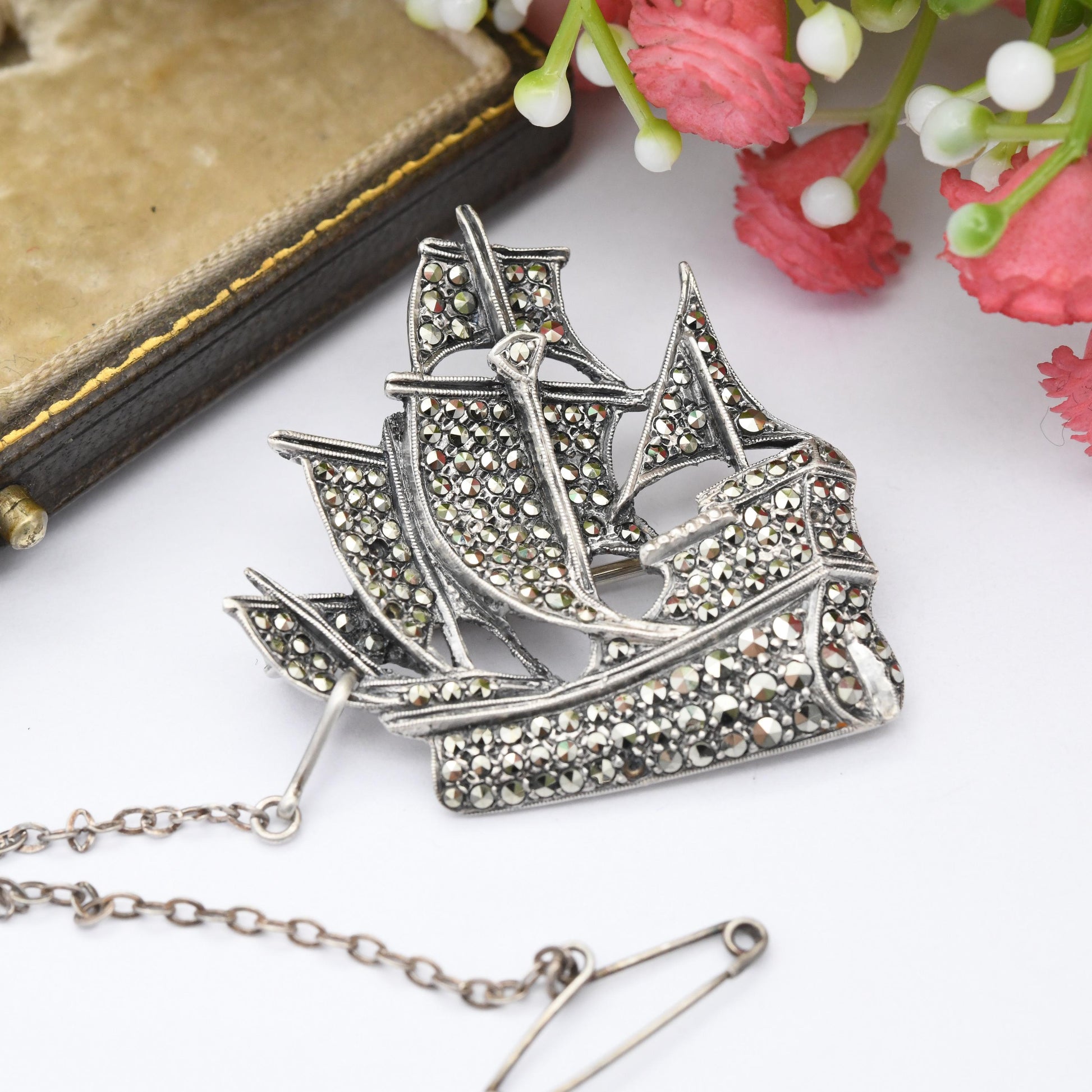 Vintage Sterling Silver Sailing Ship Brooch c.1950s - Figural Sailing Ship | Statement Sparkly Brooch | Unisex Jewellery Gift