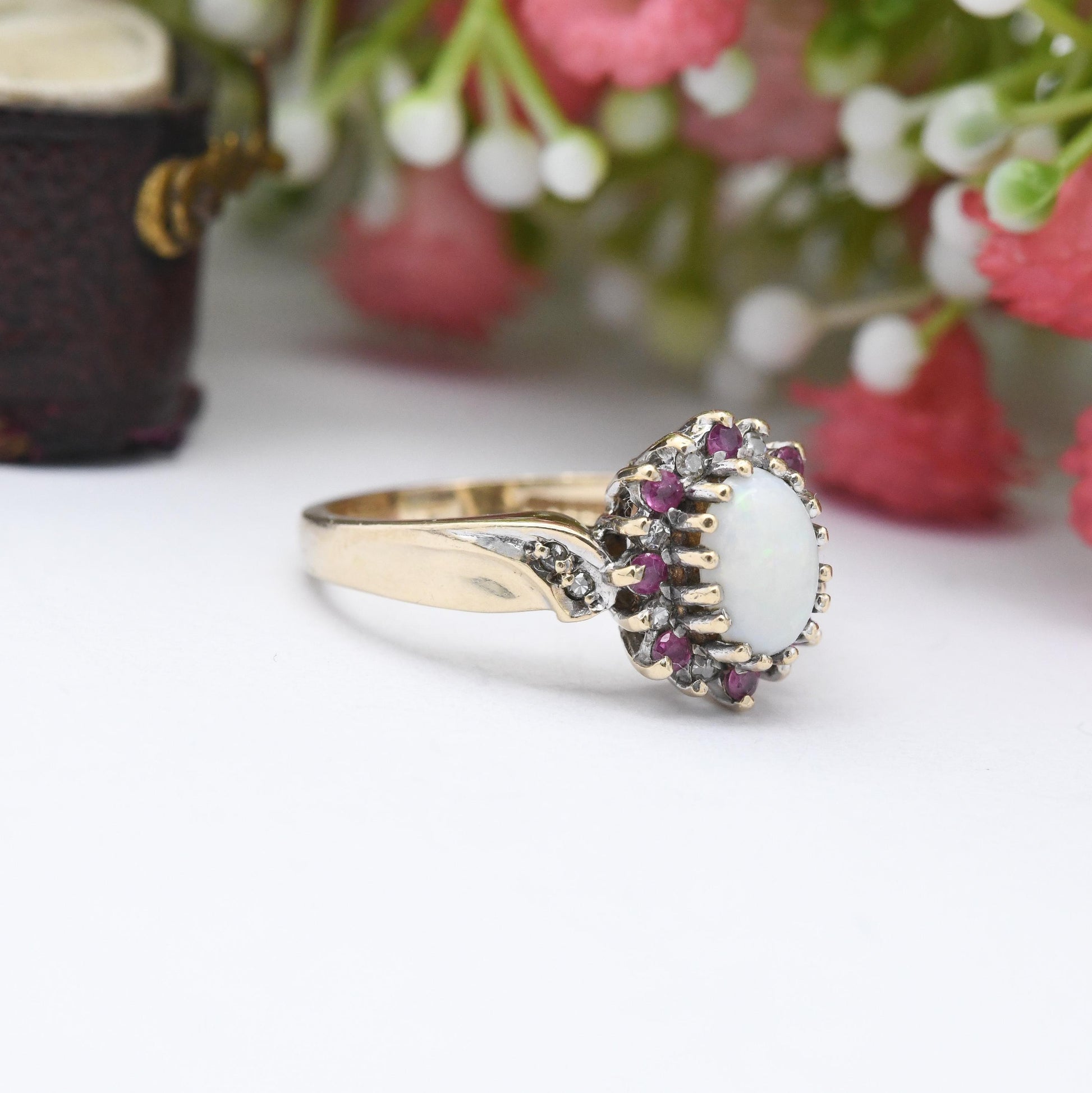 Vintage 9ct Gold Opal Ruby Diamond Halo Ring 1995 - 1990s Edwardian Style | White and Red Gemstone Gift for Her | UK Size K | US Size 5 1/4