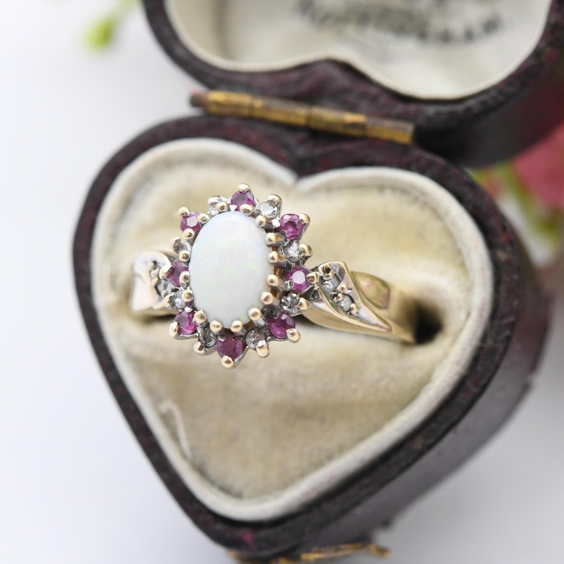 Vintage 9ct Gold Opal Ruby Diamond Halo Ring 1995 - 1990s Edwardian Style | White and Red Gemstone Gift for Her | UK Size K | US Size 5 1/4