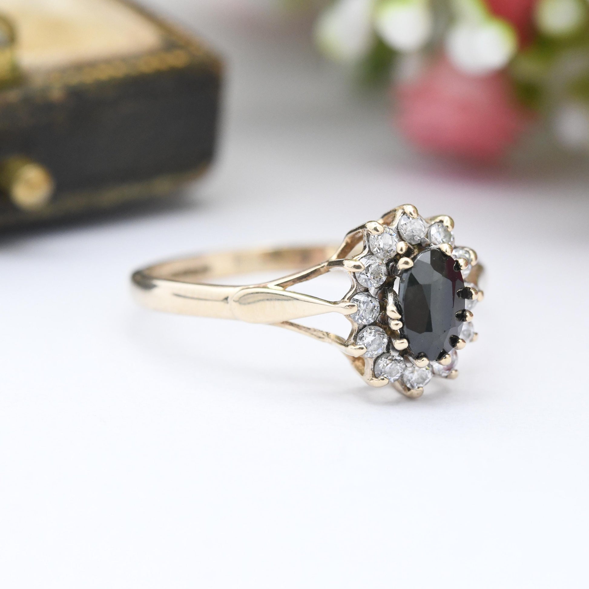 Vintage 9ct Gold Sapphire and CZ Halo Ring 1991 - Gemstone Blue Floral Cluster Jewellery Gift for Her | UK Size - R | US Size - 8 1/2