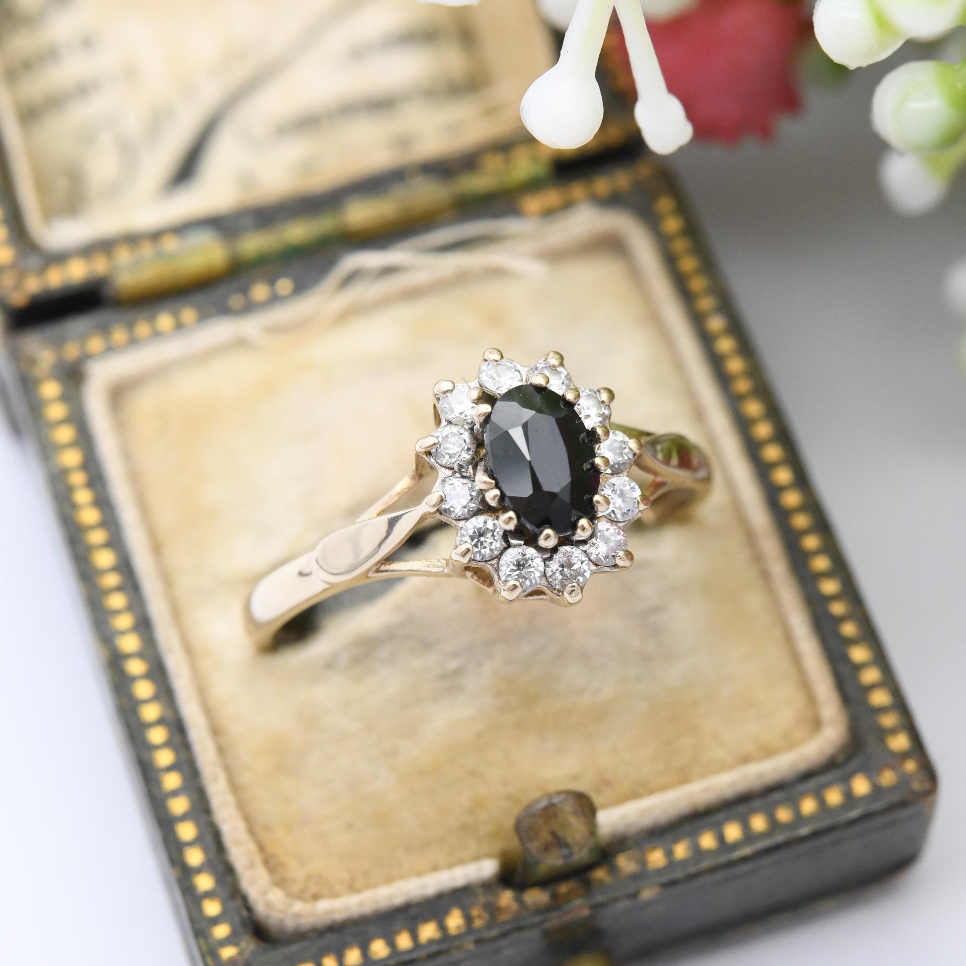 Vintage 9ct Gold Sapphire and CZ Halo Ring 1991 - Gemstone Blue Floral Cluster Jewellery Gift for Her | UK Size - R | US Size - 8 1/2