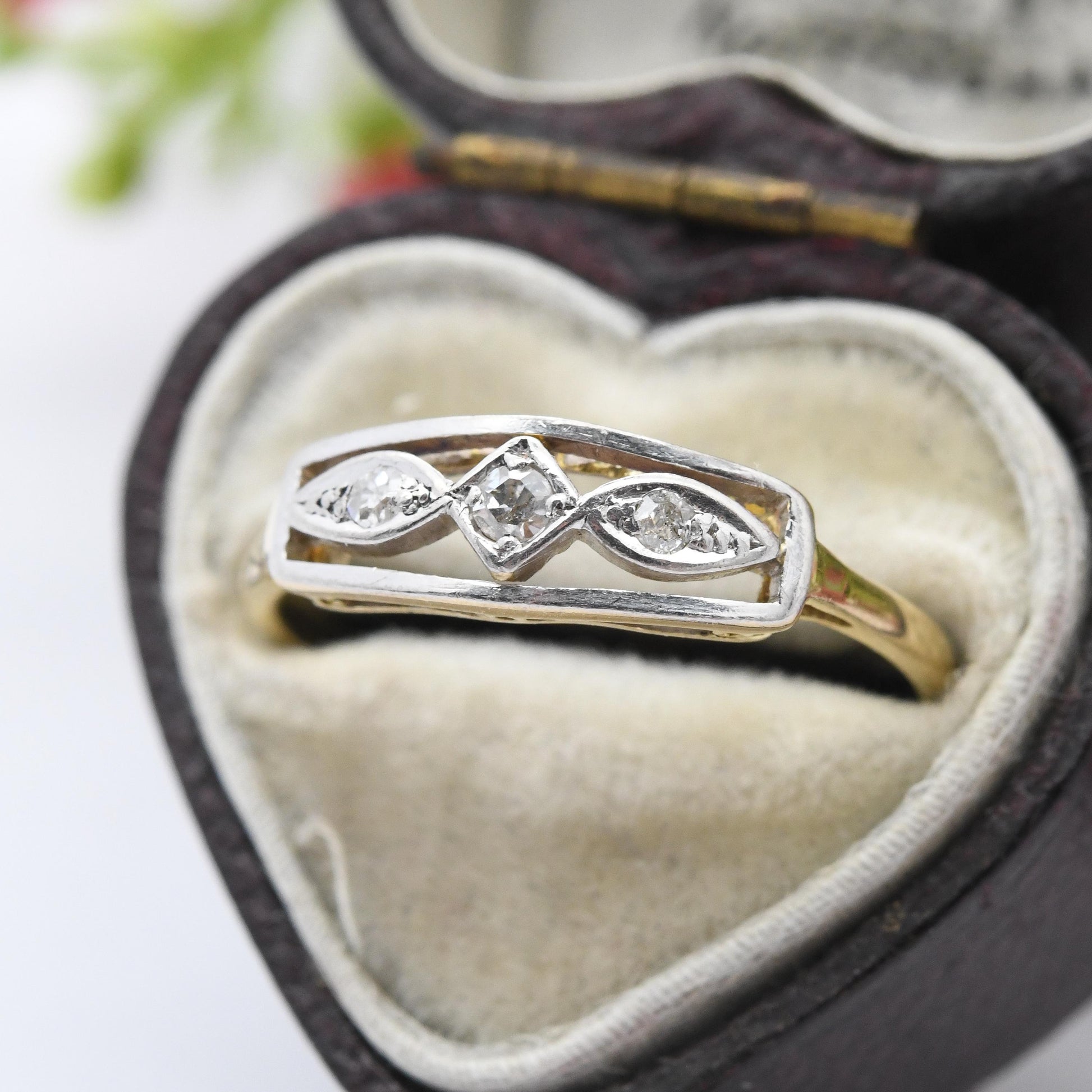 Antique Art Deco 18ct Gold and Platinum Diamond Three Stone Ring - Early 20th Century Trilogy Engagement | UK Size - O 1/2 | US Size - 7 1/2