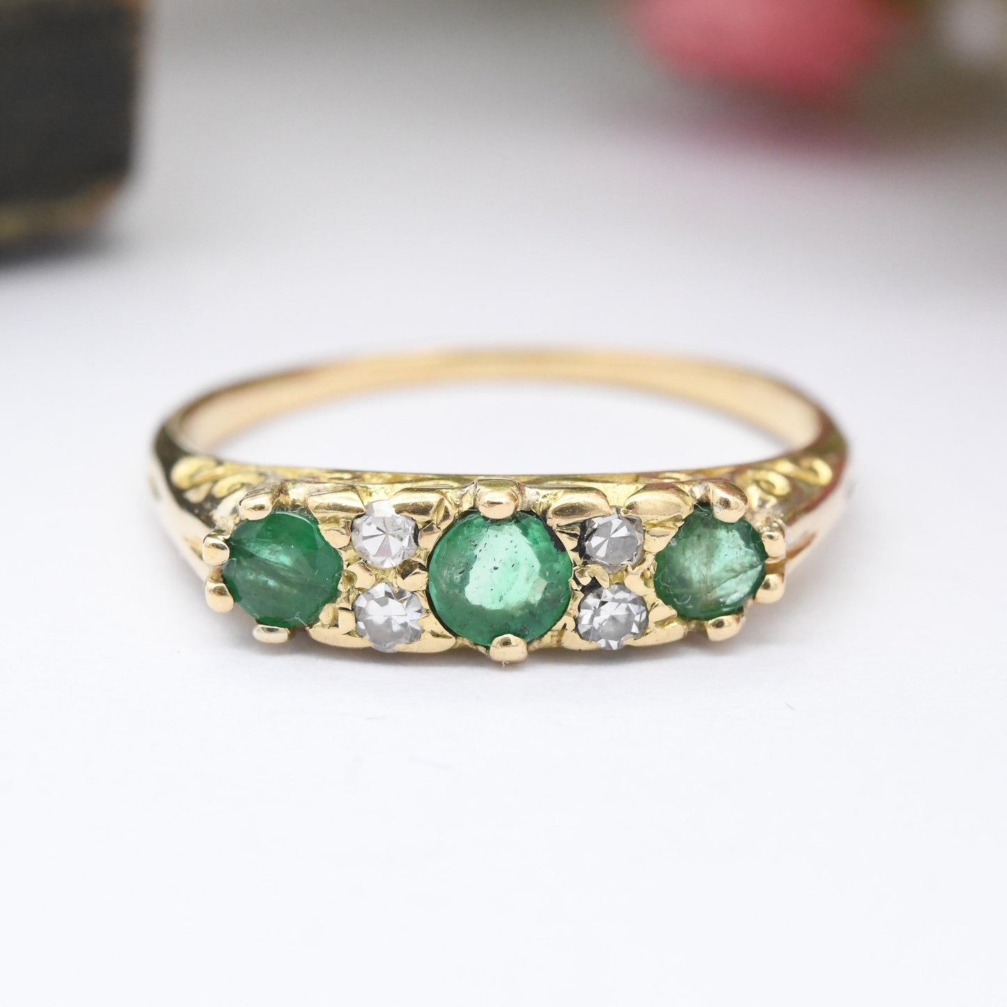 Antique 18ct Gold Diamond and Emerald Three Stone Ring - Edwardian Engagement Trilogy Ring Flush Green Stone | UK Size - P | US Size - 7 1/2