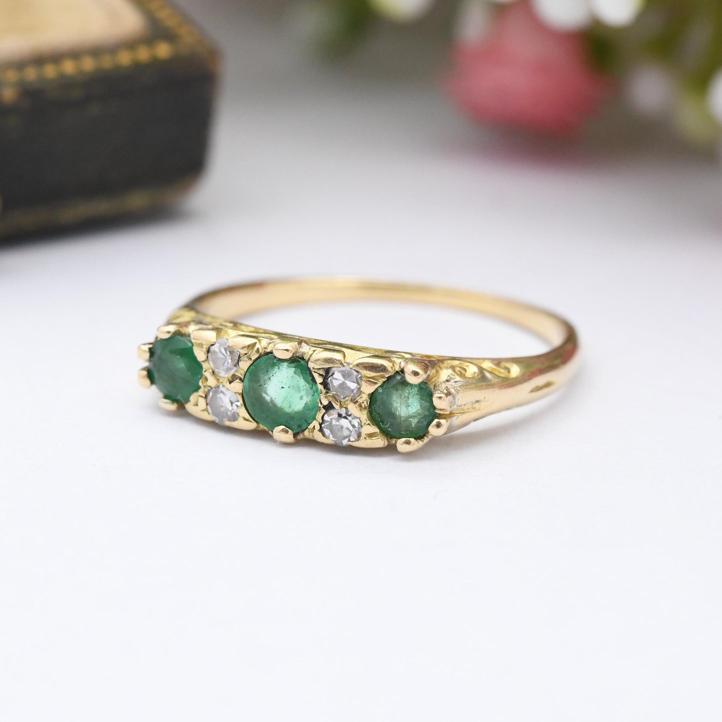 Antique 18ct Gold Diamond and Emerald Three Stone Ring - Edwardian Engagement Trilogy Ring Flush Green Stone | UK Size - P | US Size - 7 1/2