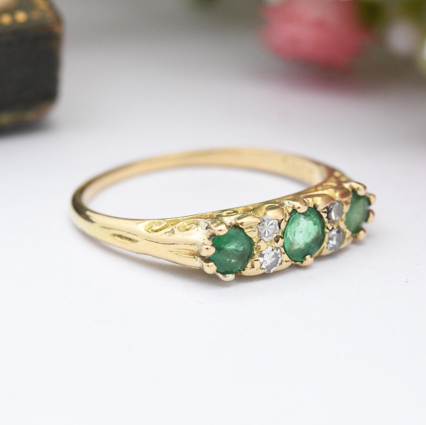 Antique 18ct Gold Diamond and Emerald Three Stone Ring - Edwardian Engagement Trilogy Ring Flush Green Stone | UK Size - P | US Size - 7 1/2