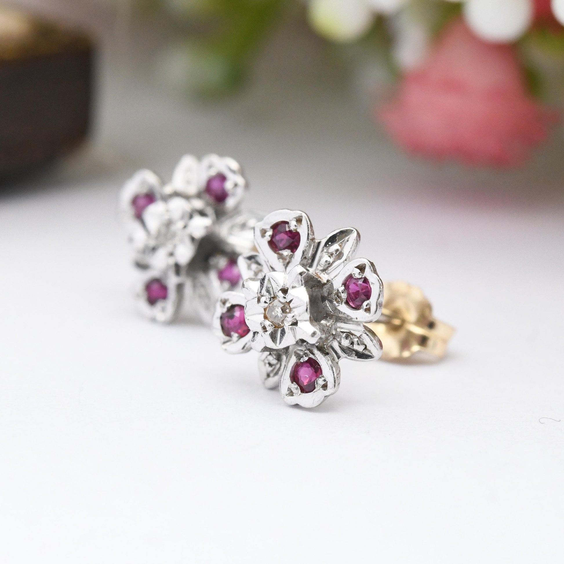 Vintage 9ct White Gold Ruby Diamond Flower Earrings 1977 - Quatrefoil Floral Studs | April July Birthstone Gift | Butterfly Backs Solid Gold