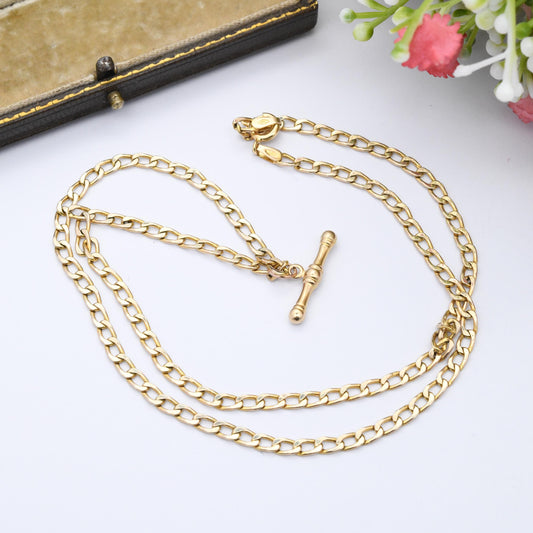 Vintage 9ct Gold Flat Curb Link Chain Necklace with T-Bar Pendant - Everyday Solid Gold Jewellery | 18.5" 47cm