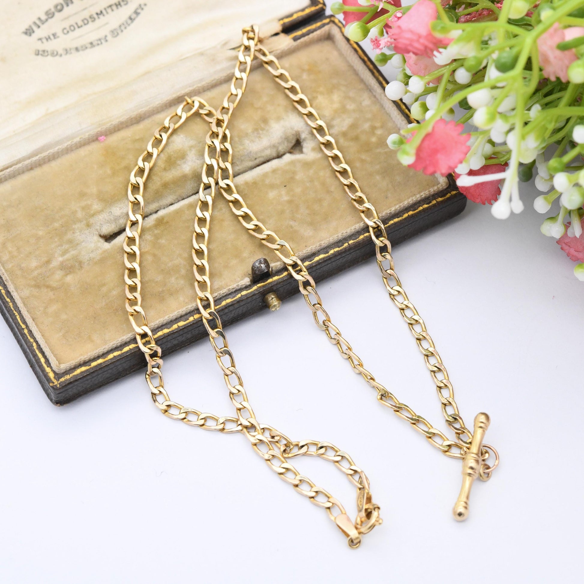 Vintage 9ct Gold Flat Curb Link Chain Necklace with T-Bar Pendant - Everyday Solid Gold Jewellery | 18.5" 47cm