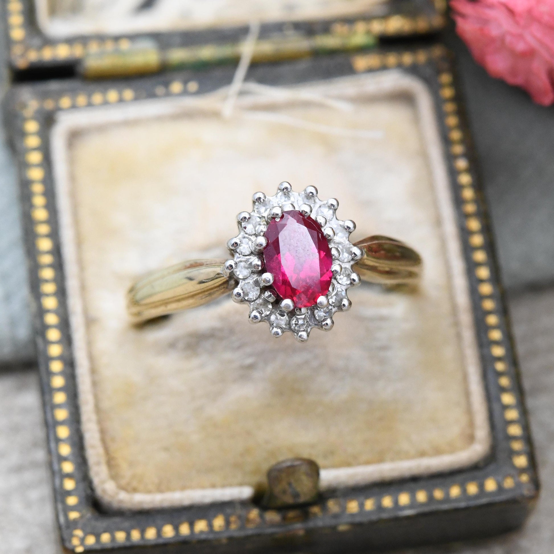 Vintage 9ct Gold Ruby Diamond Halo Ring 1994 by Alfred Terry - Solid Gold Pink Engagement Jewellery Gift | UK Size - O | US Size - 7 1/4