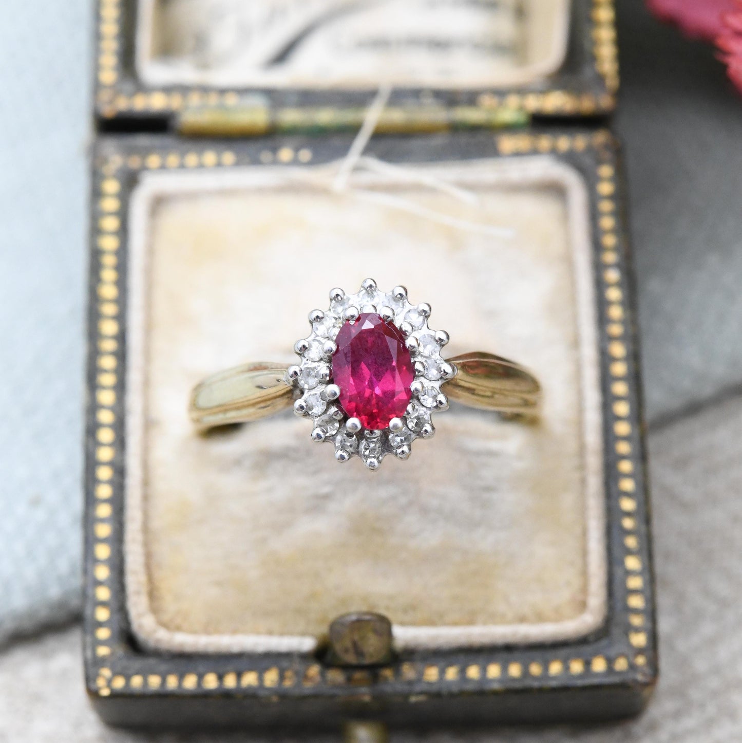 Vintage 9ct Gold Ruby Diamond Halo Ring 1994 by Alfred Terry - Solid Gold Pink Engagement Jewellery Gift | UK Size - O | US Size - 7 1/4