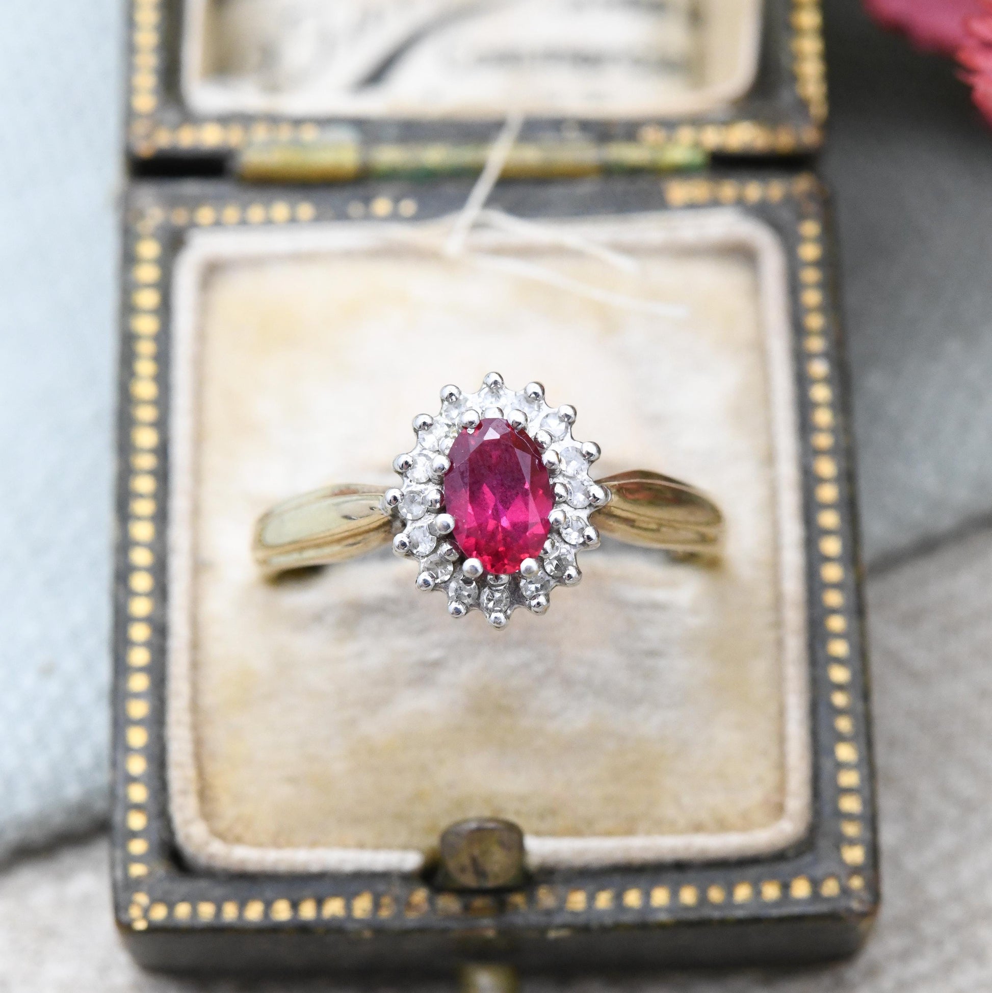 Vintage 9ct Gold Ruby Diamond Halo Ring 1994 by Alfred Terry - Solid Gold Pink Engagement Jewellery Gift | UK Size - O | US Size - 7 1/4