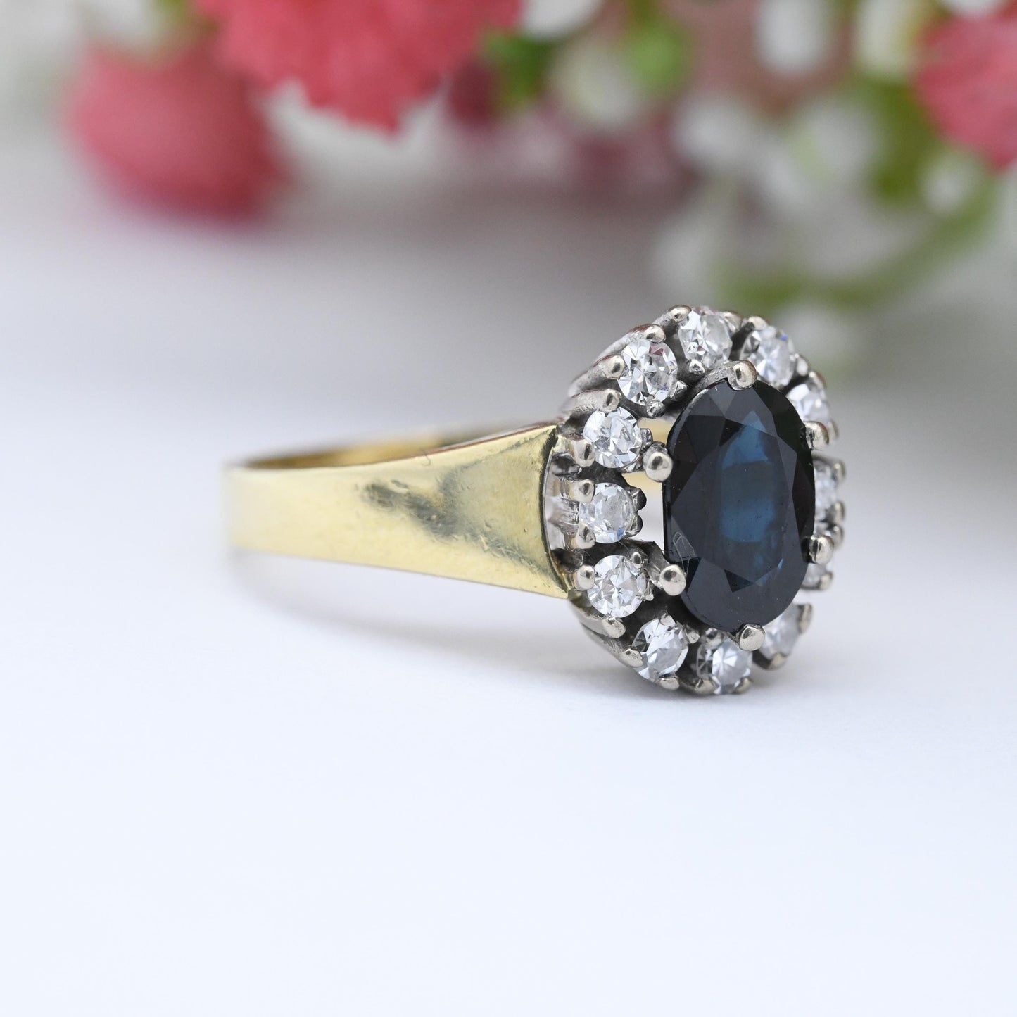 Vintage 18ct Gold Sapphire and Diamond Halo Ring 1986 - Mid-Century Cocktail Statement Engagement Ring | UK Size - L | US Size - 5 3/4