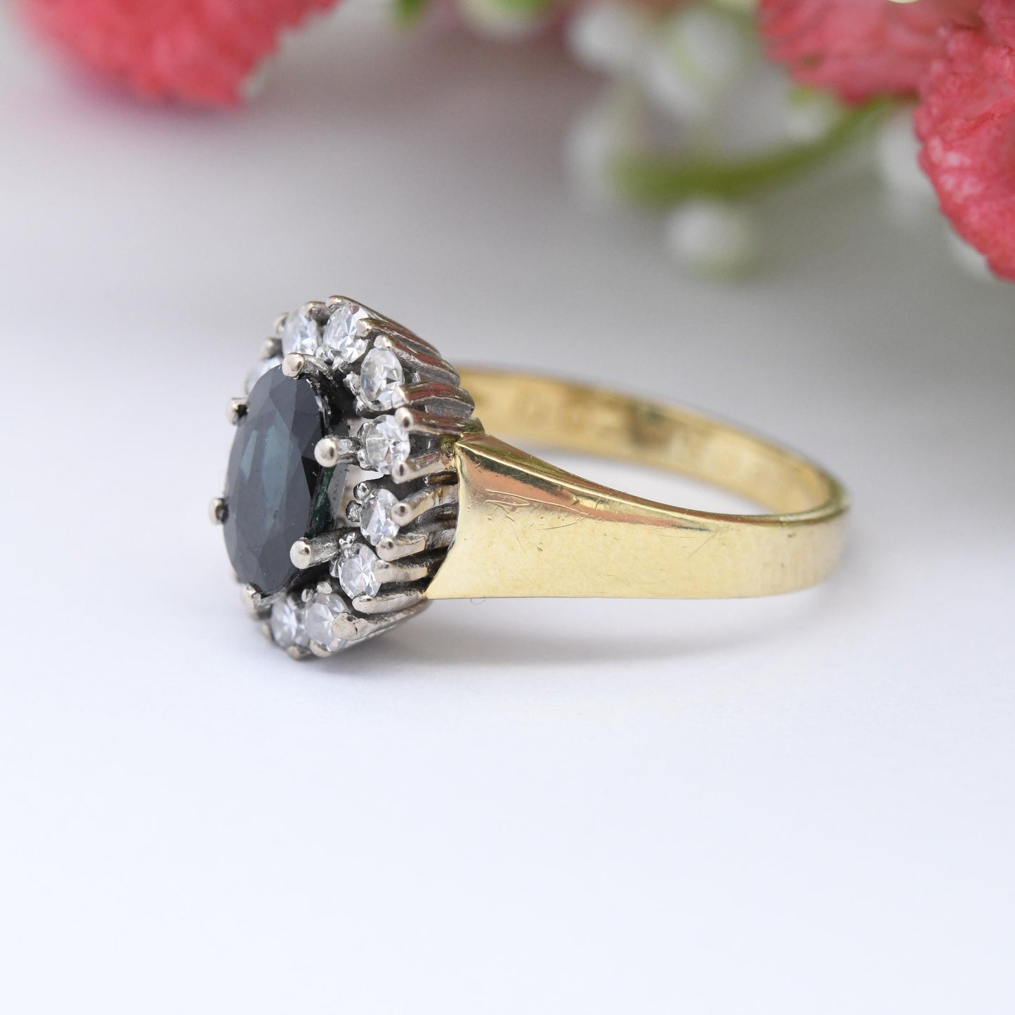 Vintage 18ct Gold Sapphire and Diamond Halo Ring 1986 - Mid-Century Cocktail Statement Engagement Ring | UK Size - L | US Size - 5 3/4