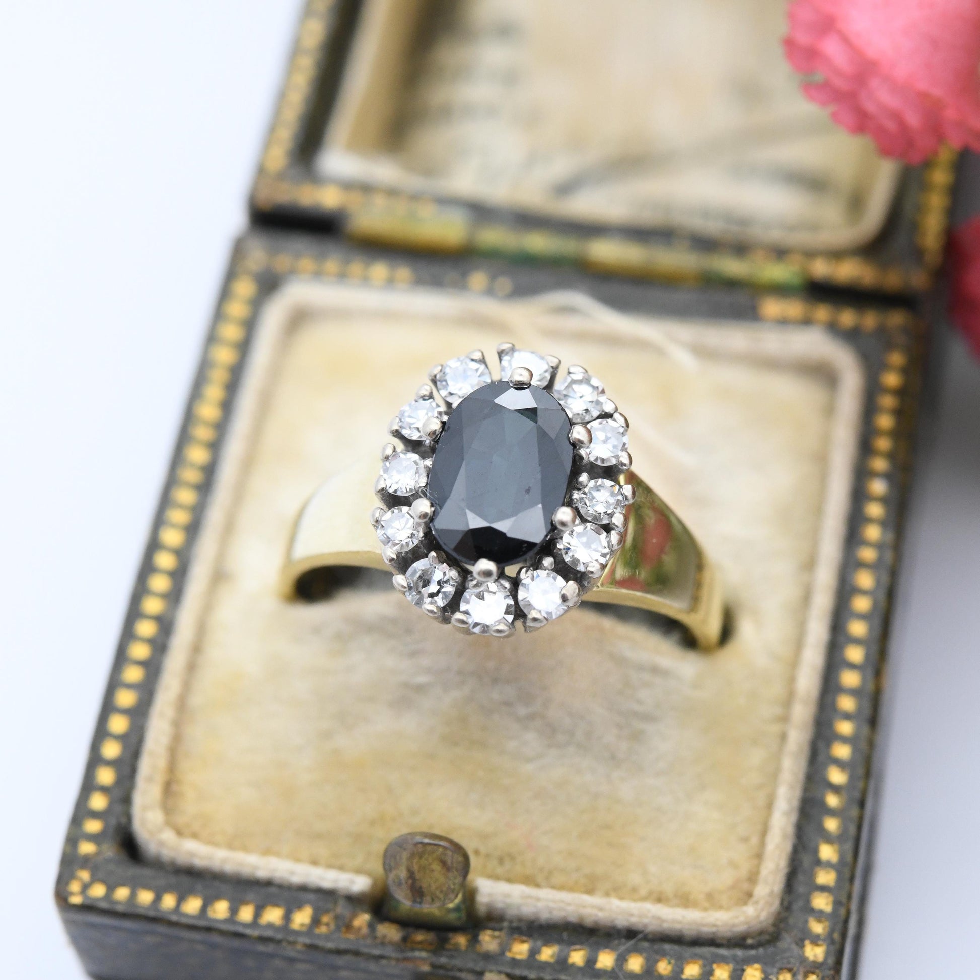 Vintage 18ct Gold Sapphire and Diamond Halo Ring 1986 - Mid-Century Cocktail Statement Engagement Ring | UK Size - L | US Size - 5 3/4