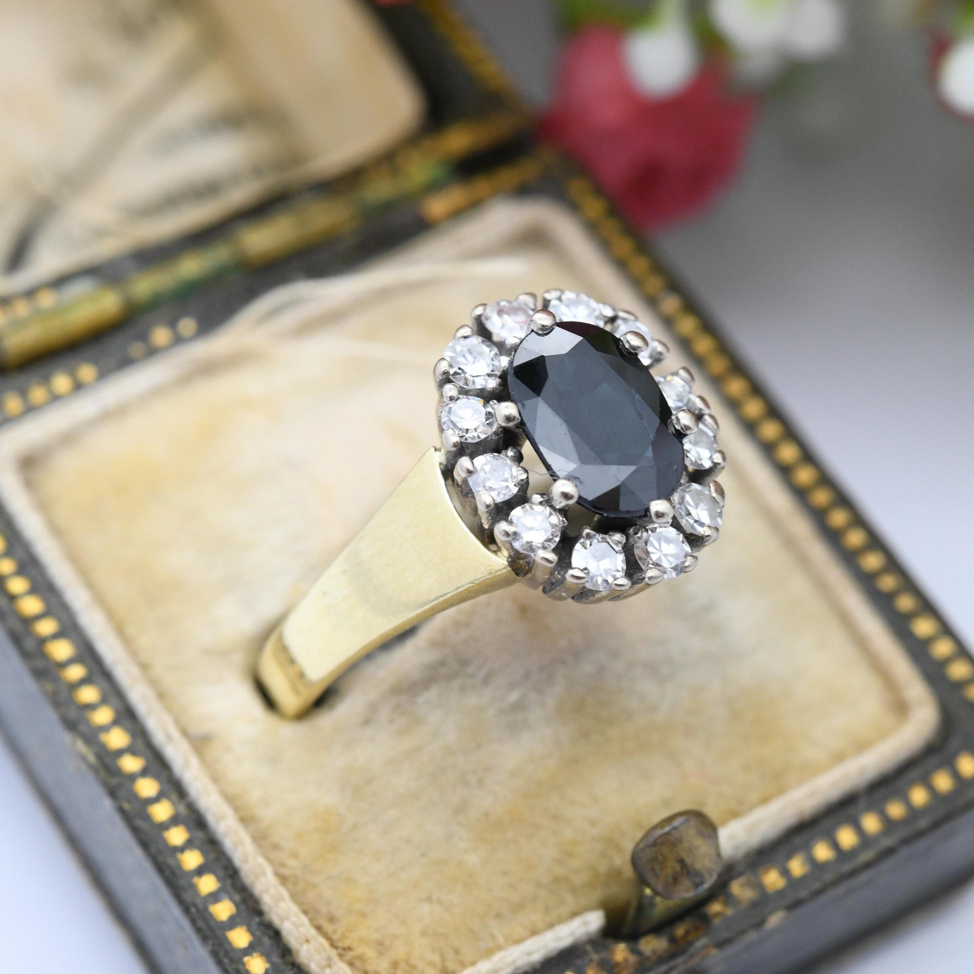 Vintage 18ct Gold Sapphire and Diamond Halo Ring 1986 - Mid-Century Cocktail Statement Engagement Ring | UK Size - L | US Size - 5 3/4