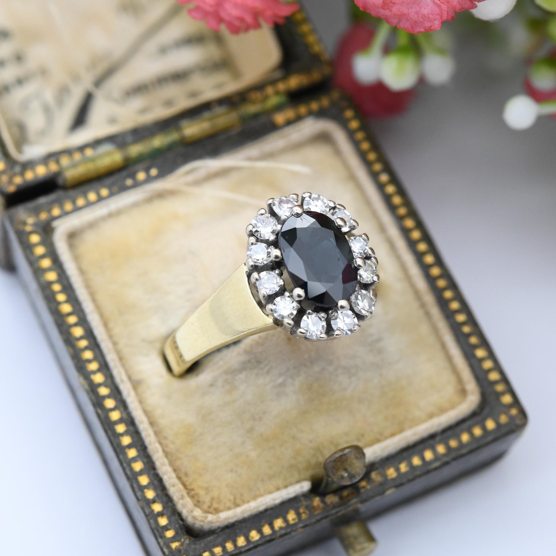 Vintage 18ct Gold Sapphire and Diamond Halo Ring 1986 - Mid-Century Cocktail Statement Engagement Ring | UK Size - L | US Size - 5 3/4