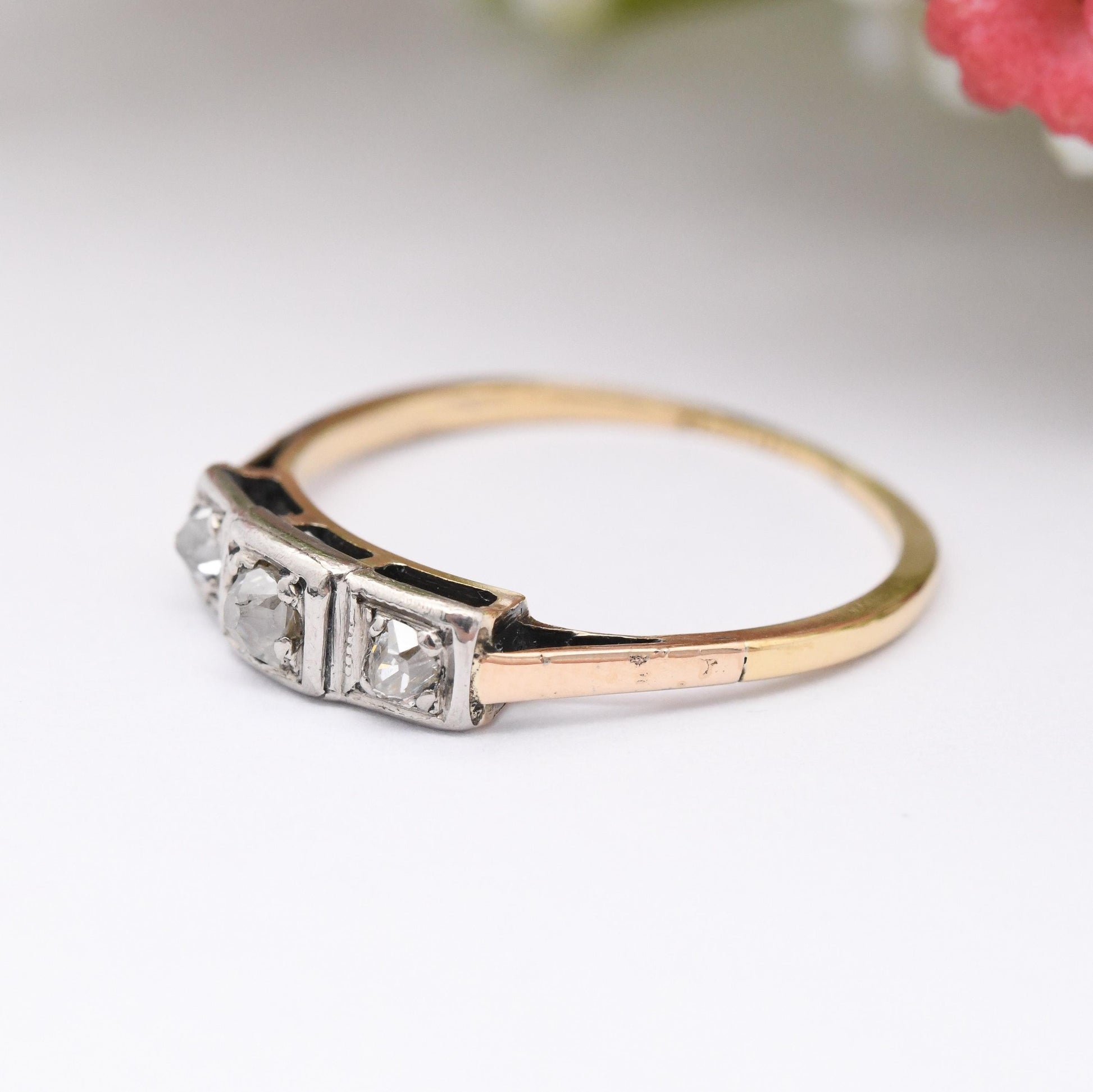 Antique 18ct Gold and Platinum Old Cut Diamond Three Stone Ring - Early 20th Century Pretty Trilogy Engagement | UK Size - L 1/2 US Size - 6